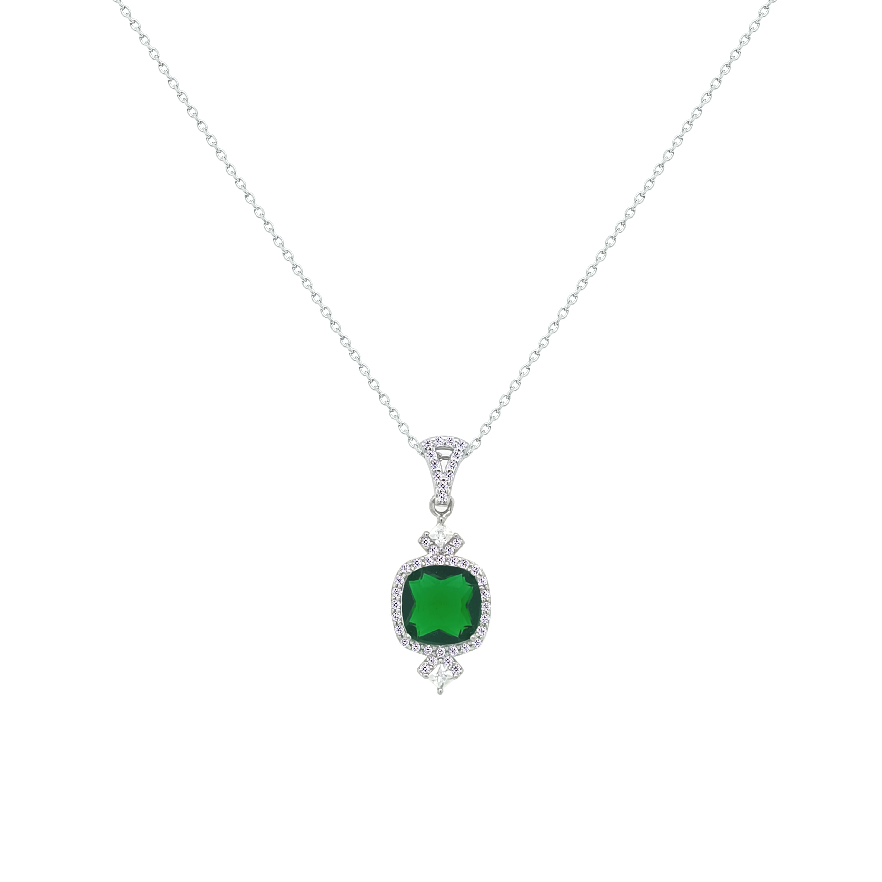 Asfour Crystal Chain Necklace With Decorative Emerald Square Design In 925 Sterling Silver-NM0095-G