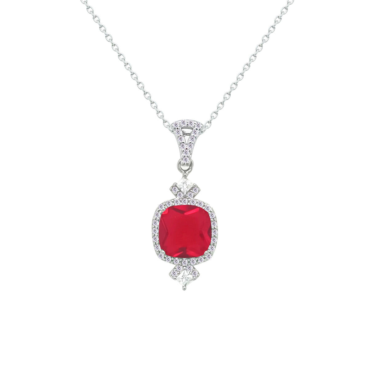 Asfour Crystal Chain Necklace With Decorative Ruby Square Design In 925 Sterling Silver-NM0095-R