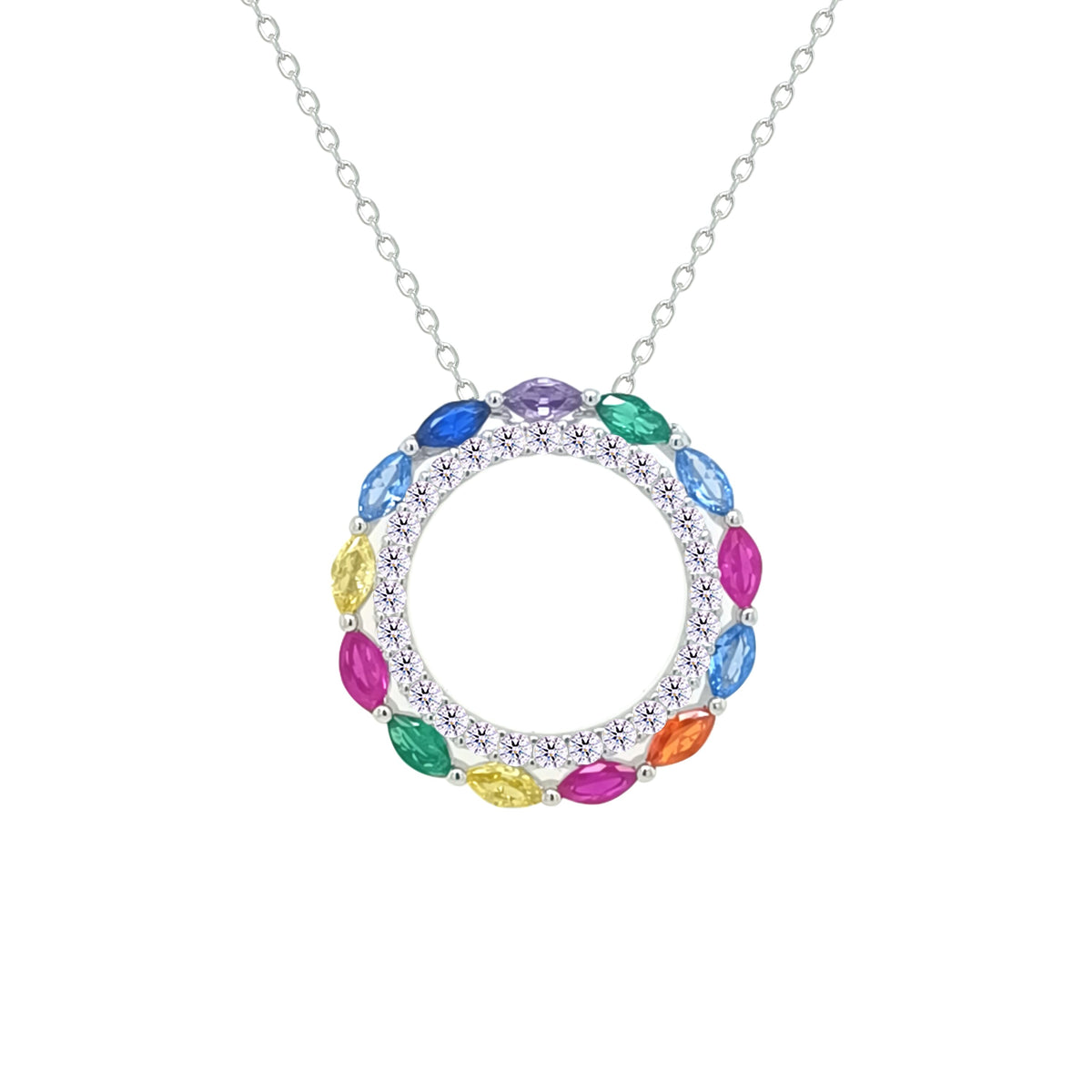 Asfour Crystal Chain Necklace With Hollow Multi Color Round Pendant In 925 Sterling Silver-NM0096-K