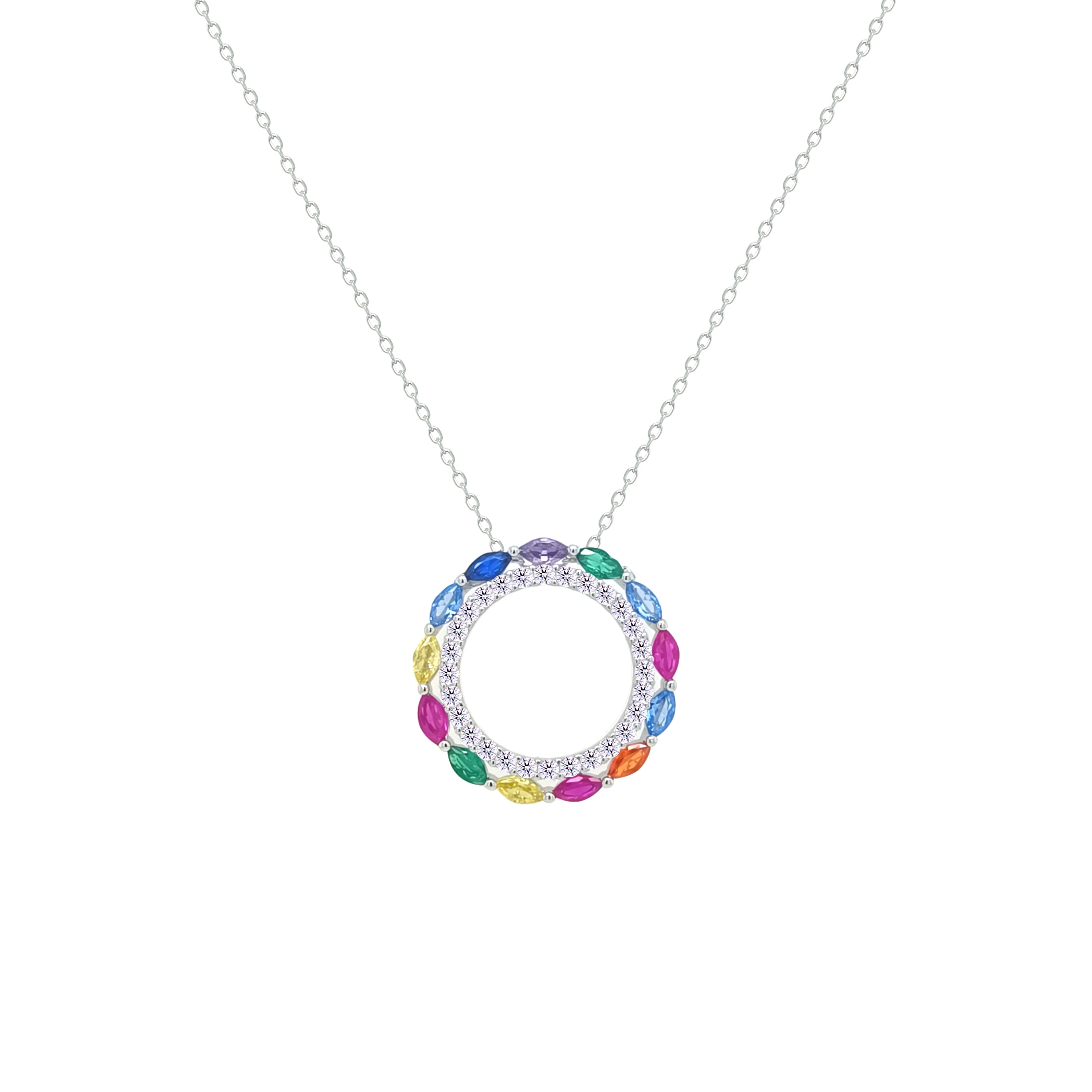 Asfour Crystal Chain Necklace With Hollow Multi Color Round Pendant In 925 Sterling Silver-NM0096-K
