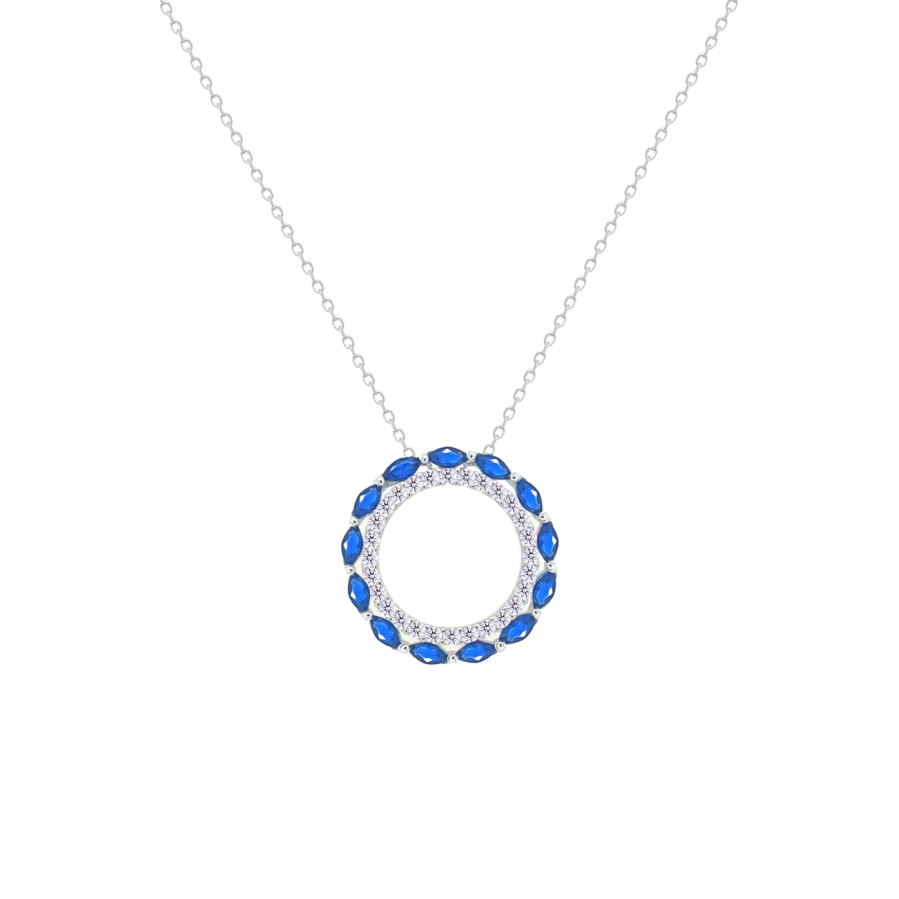 Asfour Crystal Chain Necklace With Hollow Blue Round Pendant In 925 Sterling Silver-NM0096-WB