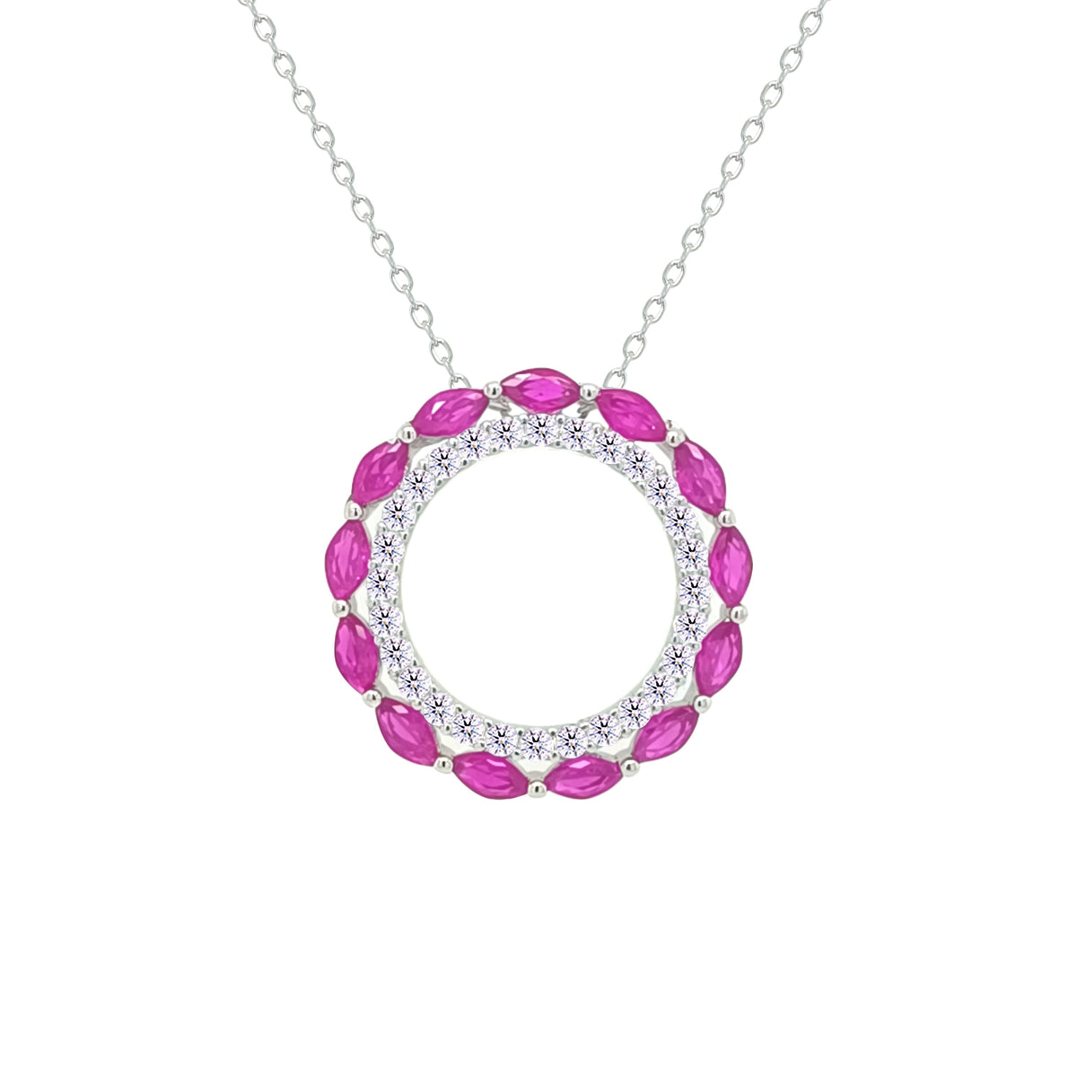 Asfour Crystal Chain Necklace With Hollow Fuchsia Round Pendant In 925 Sterling Silver-NM0096-WF