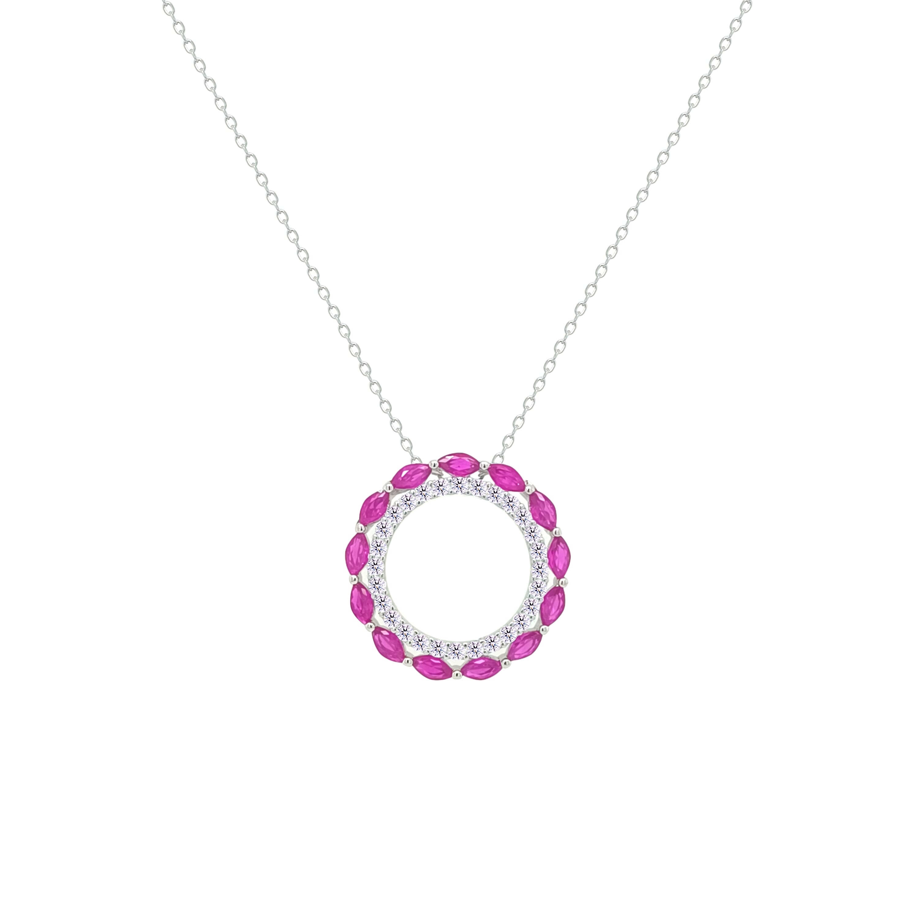 Asfour Crystal Chain Necklace With Hollow Fuchsia Round Pendant In 925 Sterling Silver-NM0096-WF