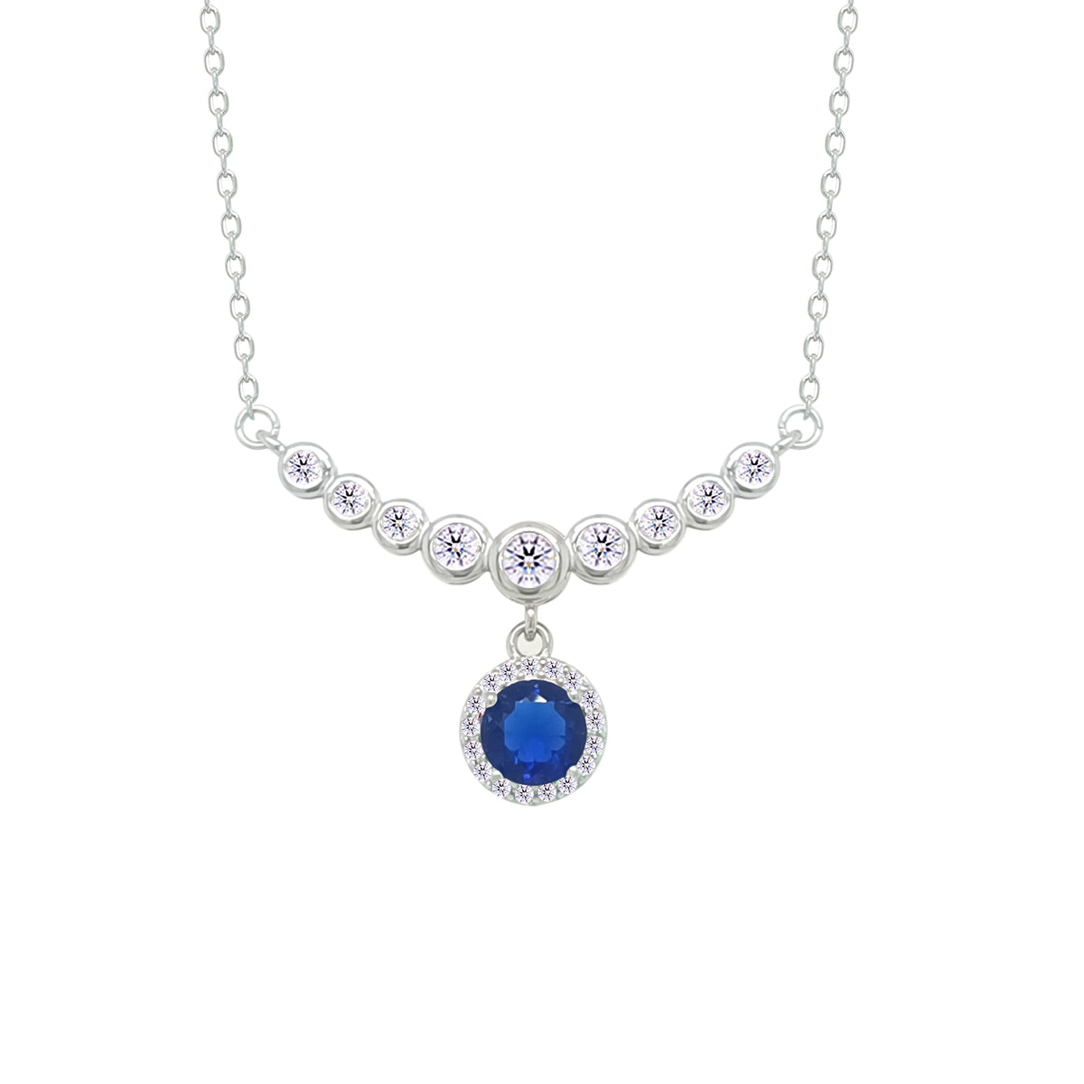 Asfour Crystal Chain Necklace With Blue Round Design In 925 Sterling Silver-NM0097-WB