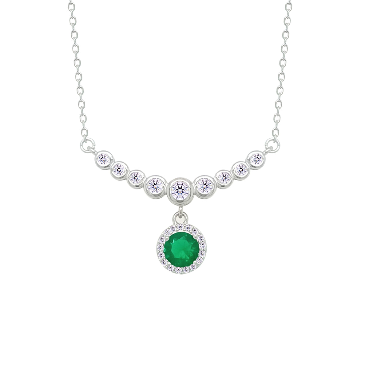Asfour Crystal Chain Necklace With Emerald Round Design In 925 Sterling Silver-NM0097-WG