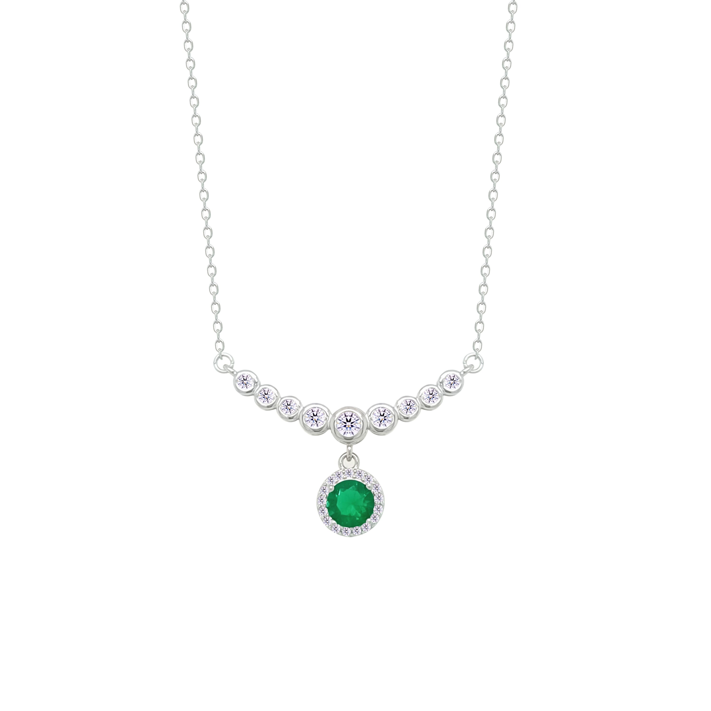 Asfour Crystal Chain Necklace With Emerald Round Design In 925 Sterling Silver-NM0097-WG
