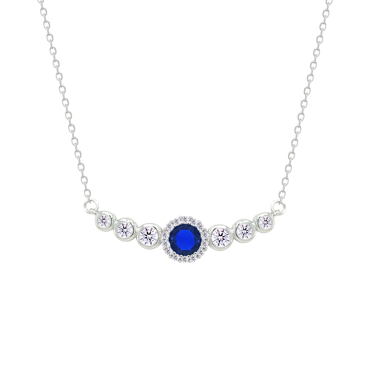 Asfour Crystal Chain Necklace With Blue Round Design In 925 Sterling Silver-NM0098-WB