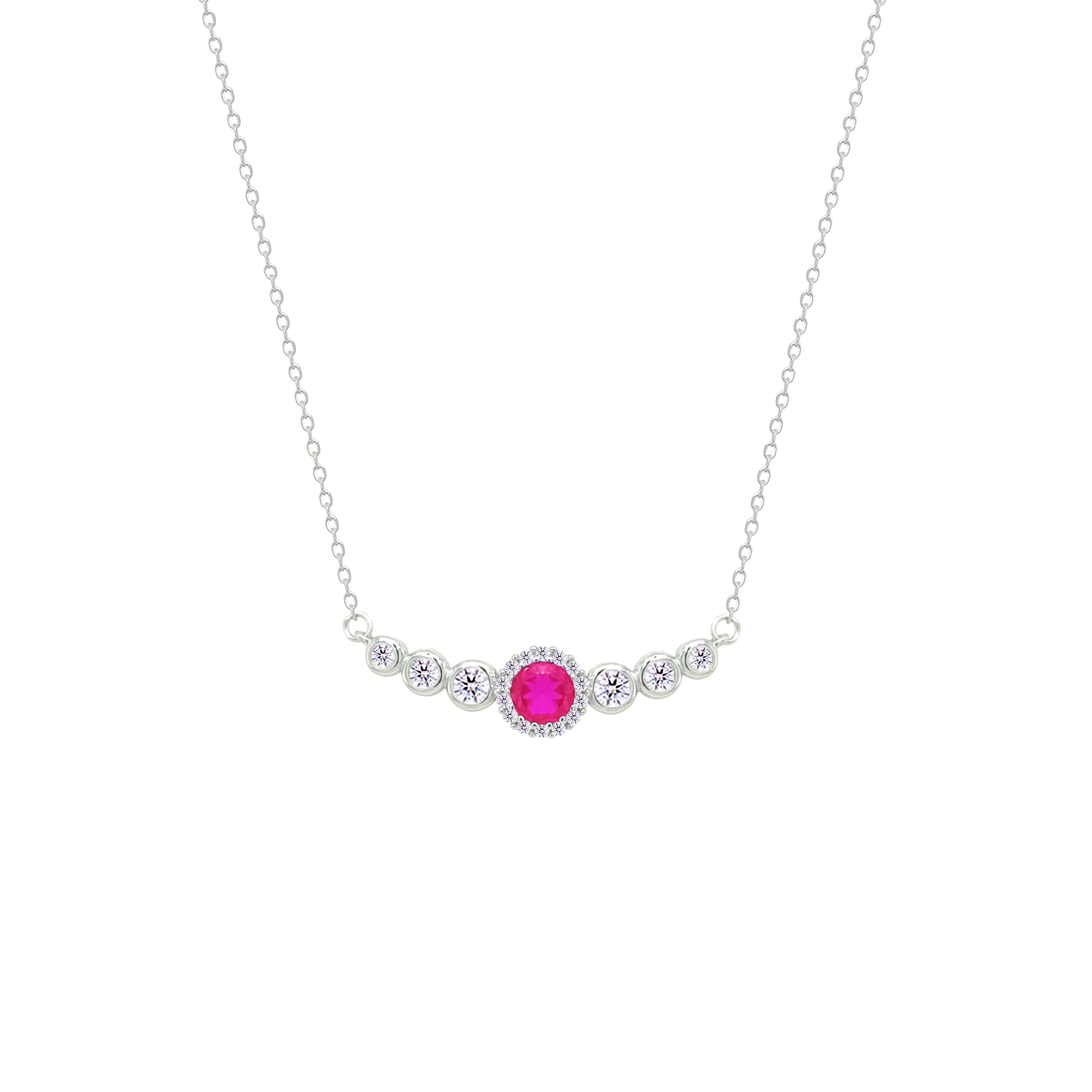 Asfour Crystal Chain Necklace With Fuchsia Round Design In 925 Sterling Silver-NM0098-WF