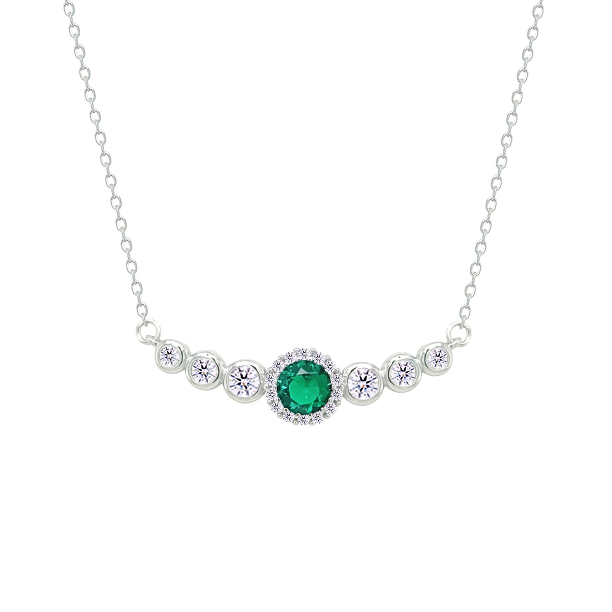 Asfour Crystal Chain Necklace With Emerald Round Design In 925 Sterling Silver-NM0098-WG