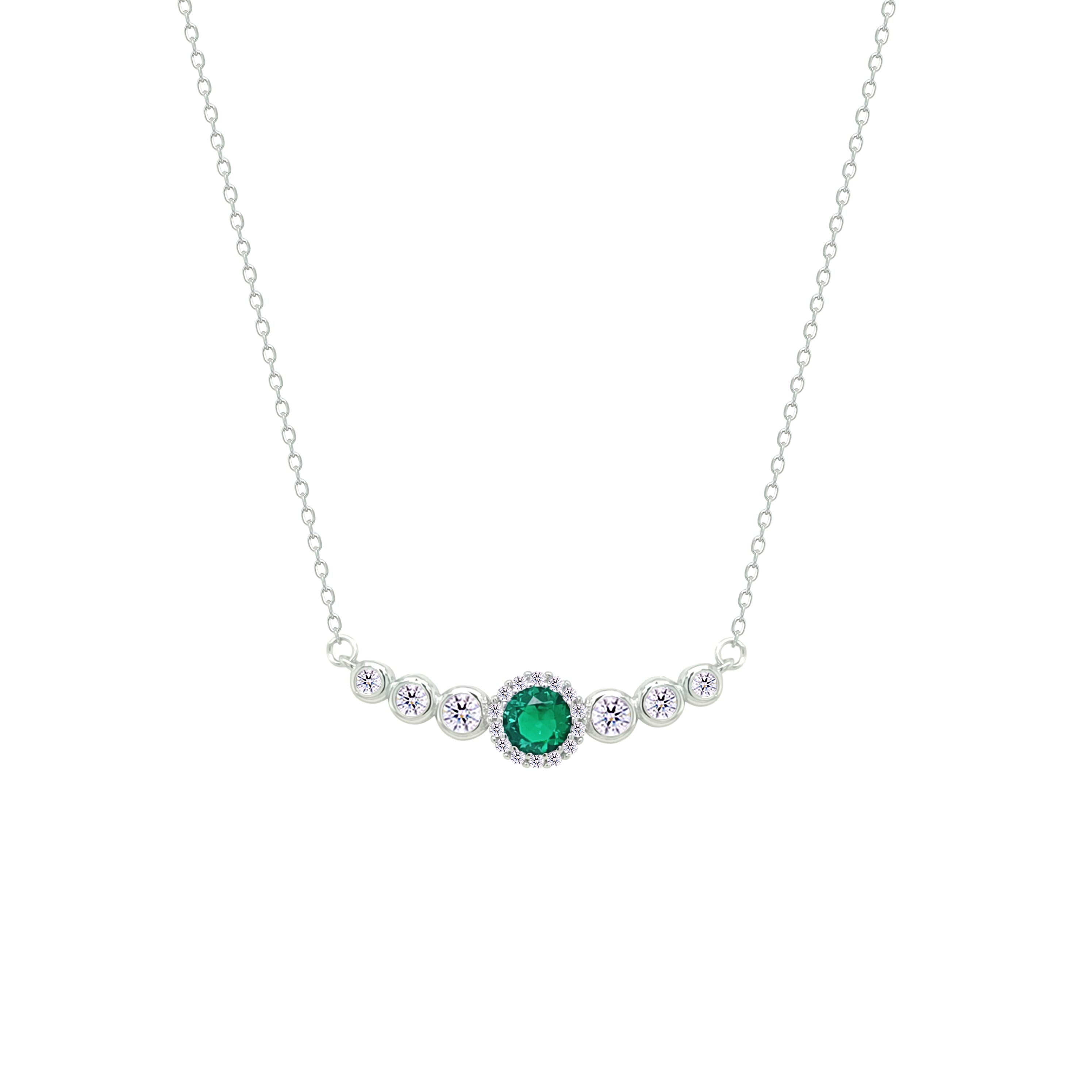 Asfour Crystal Chain Necklace With Emerald Round Design In 925 Sterling Silver-NM0098-WG