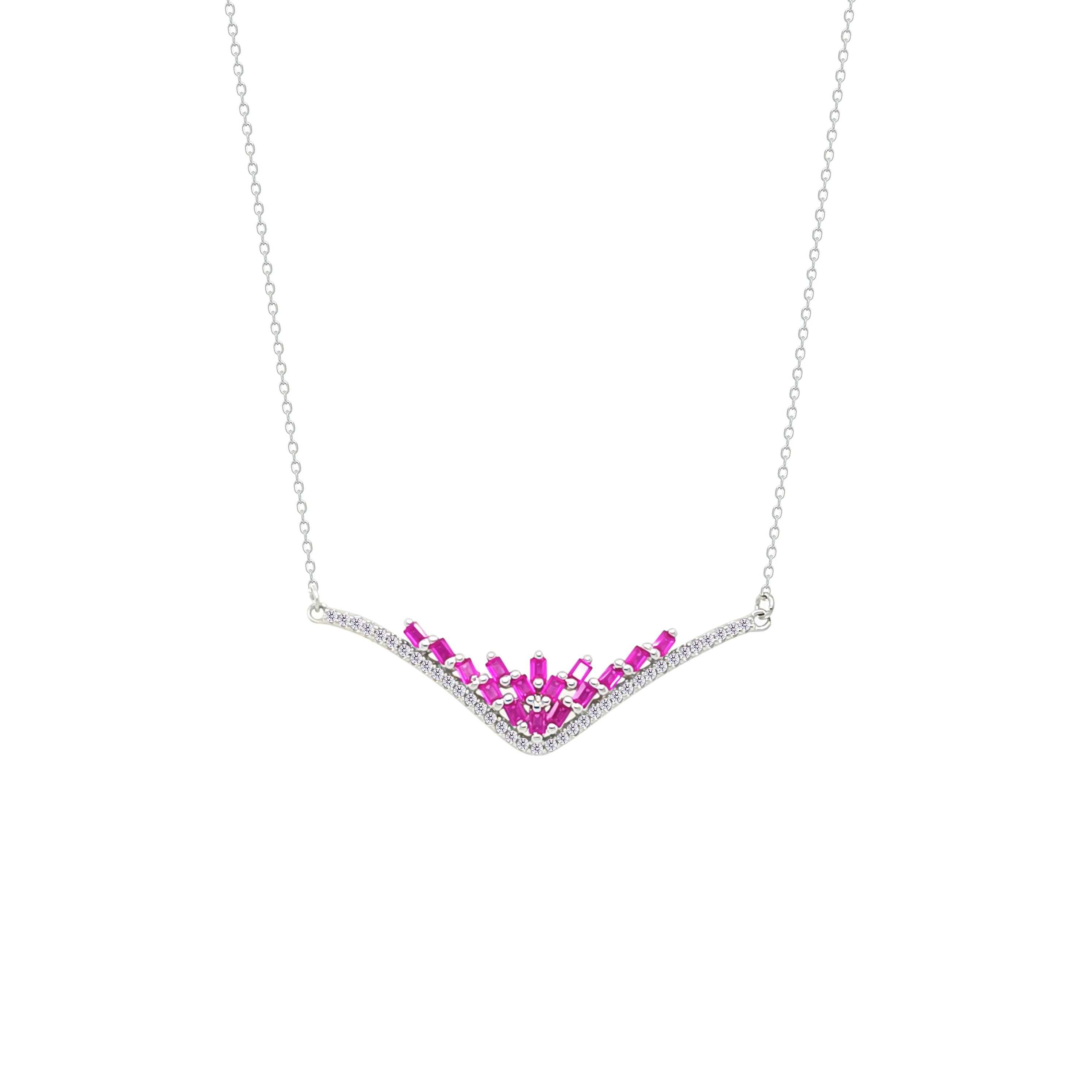 Asfour Crystal Chain Necklace With Fuchsia Deer Antlers Design In 925 Sterling Silver-NM0101-F
