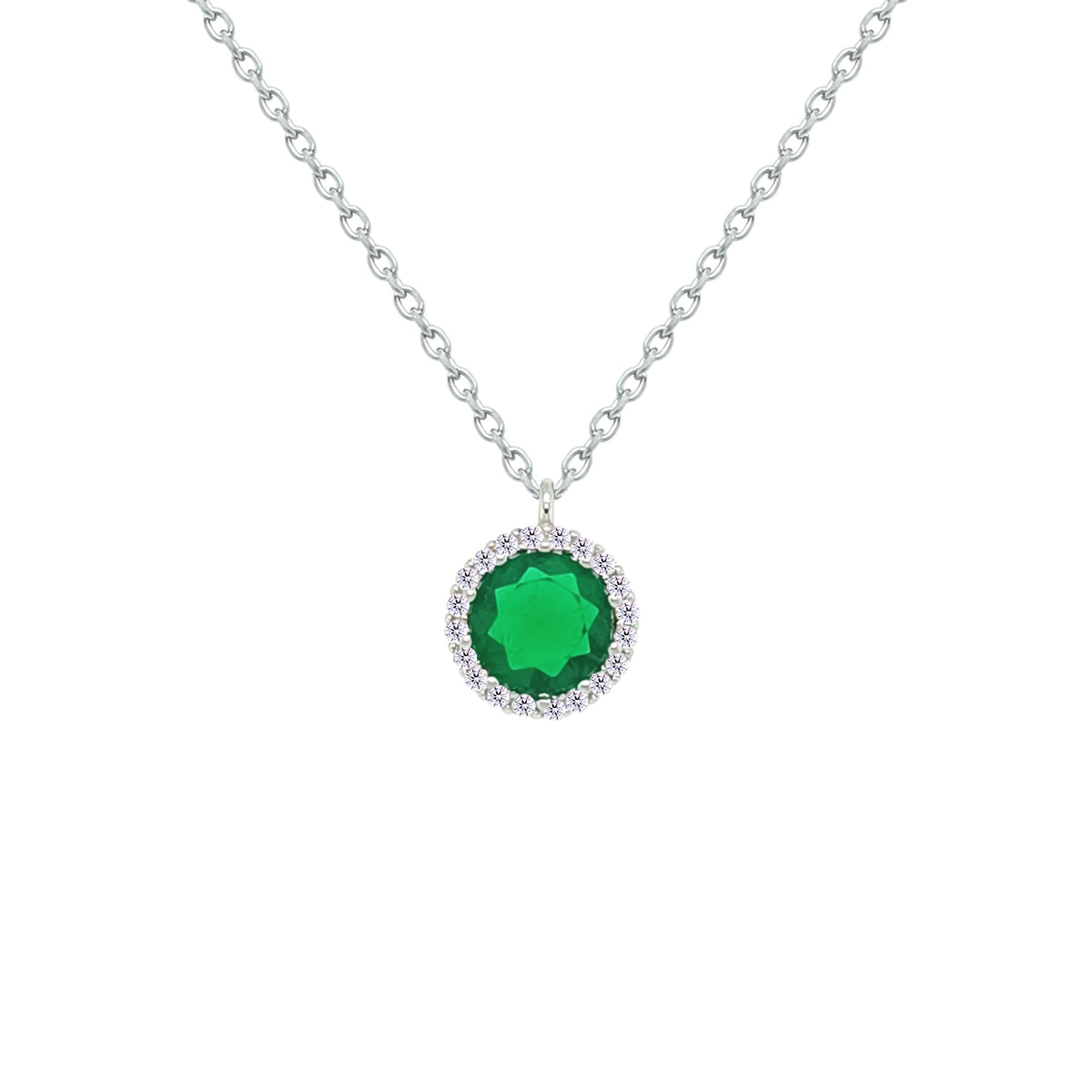 Asfour Crystal Chain Necklace With Emerald Round Pendant In 925 Sterling Silver-NM0102-G