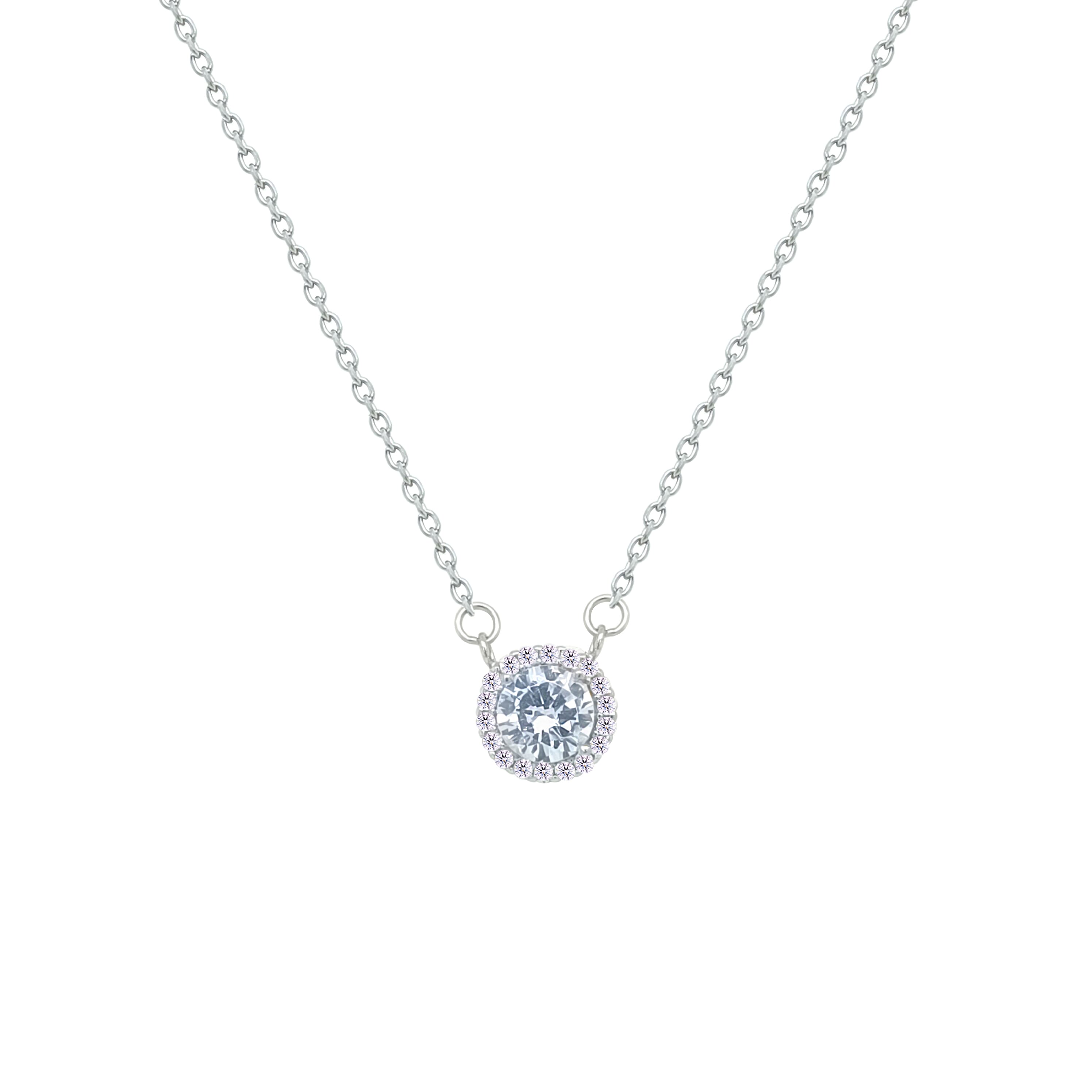 Asfour Crystal Chain Necklace With Halo Round Zircon Pendant In 925 Sterling Silver-NM0103