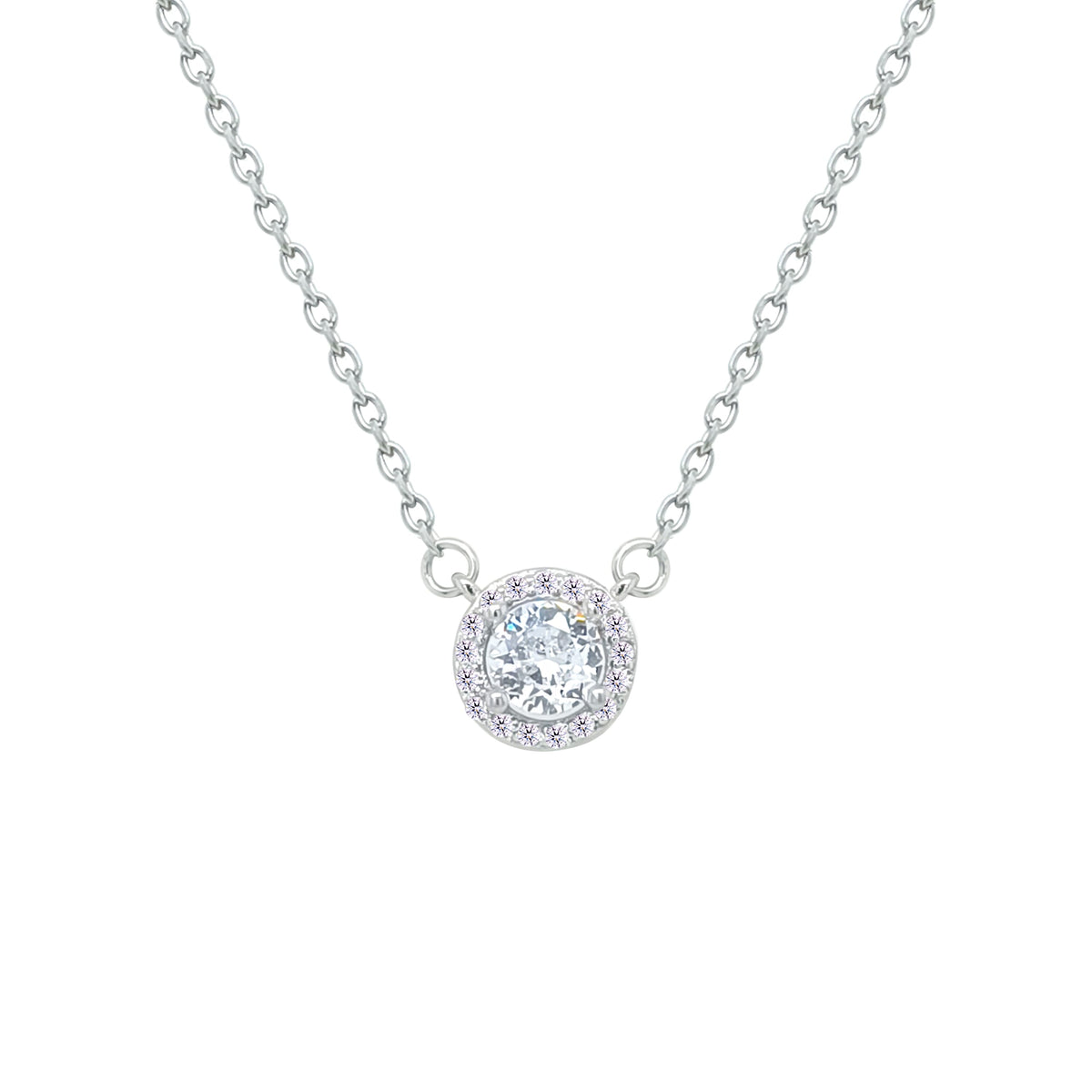 Asfour Crystal Chain Necklace With Halo Round Zircon Pendant In 925 Sterling Silver-NM0104