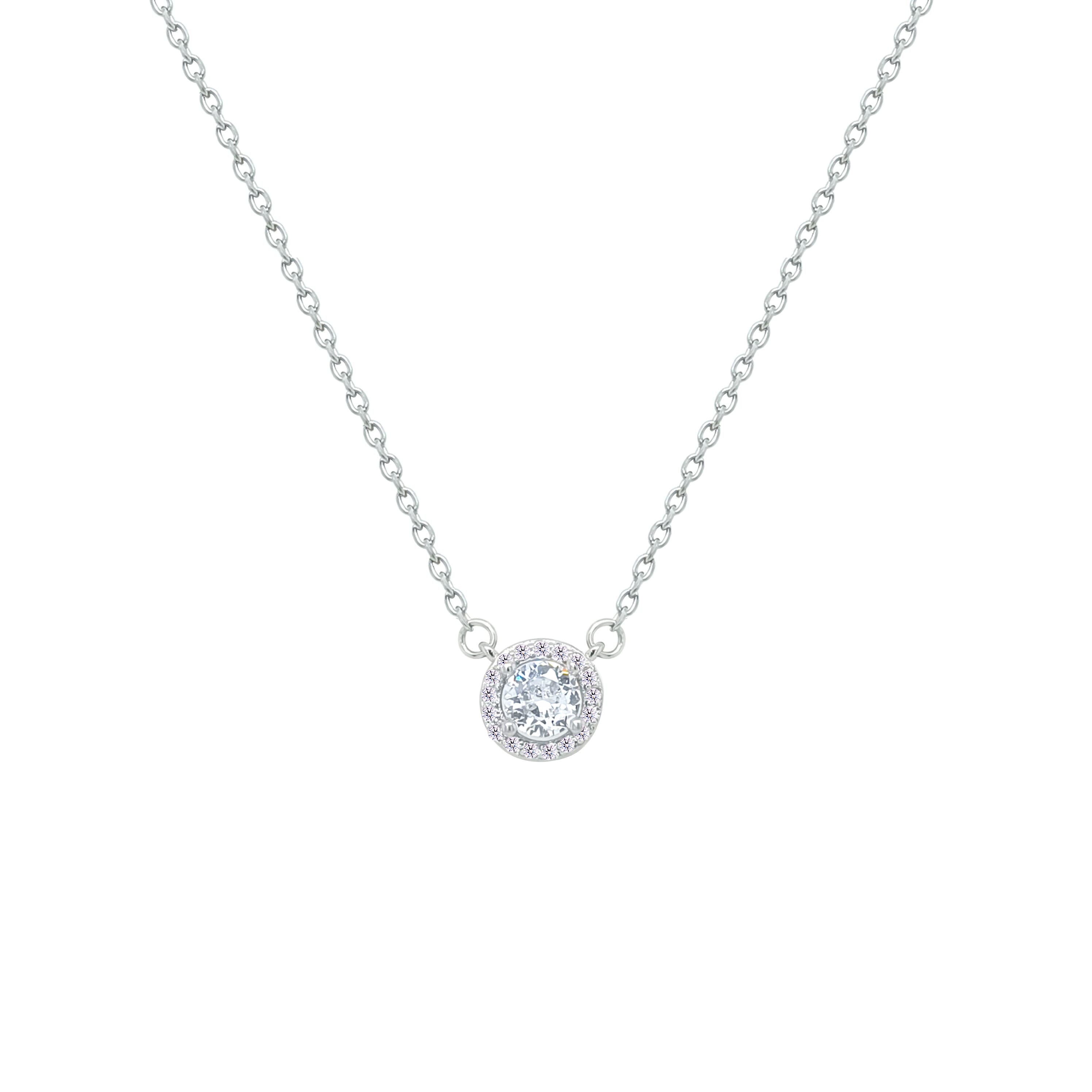 Asfour Crystal Chain Necklace With Halo Round Zircon Pendant In 925 Sterling Silver-NM0104