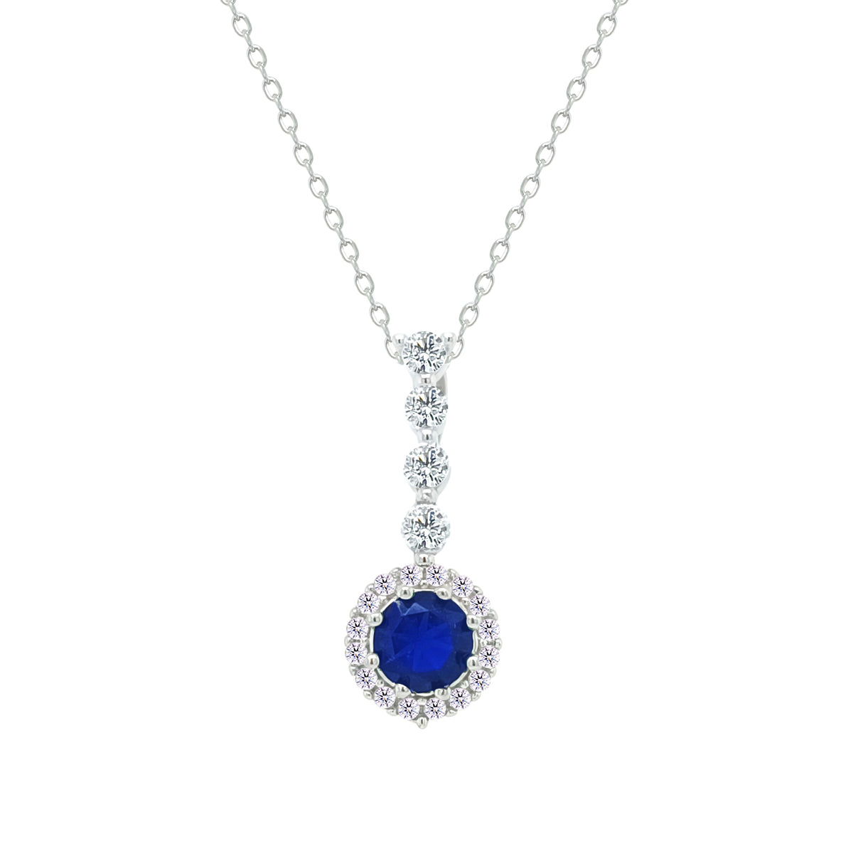 Asfour Crystal Chain Necklace With Halo Blue Round Zircon Pendant In 925 Sterling Silver-NM0105-B