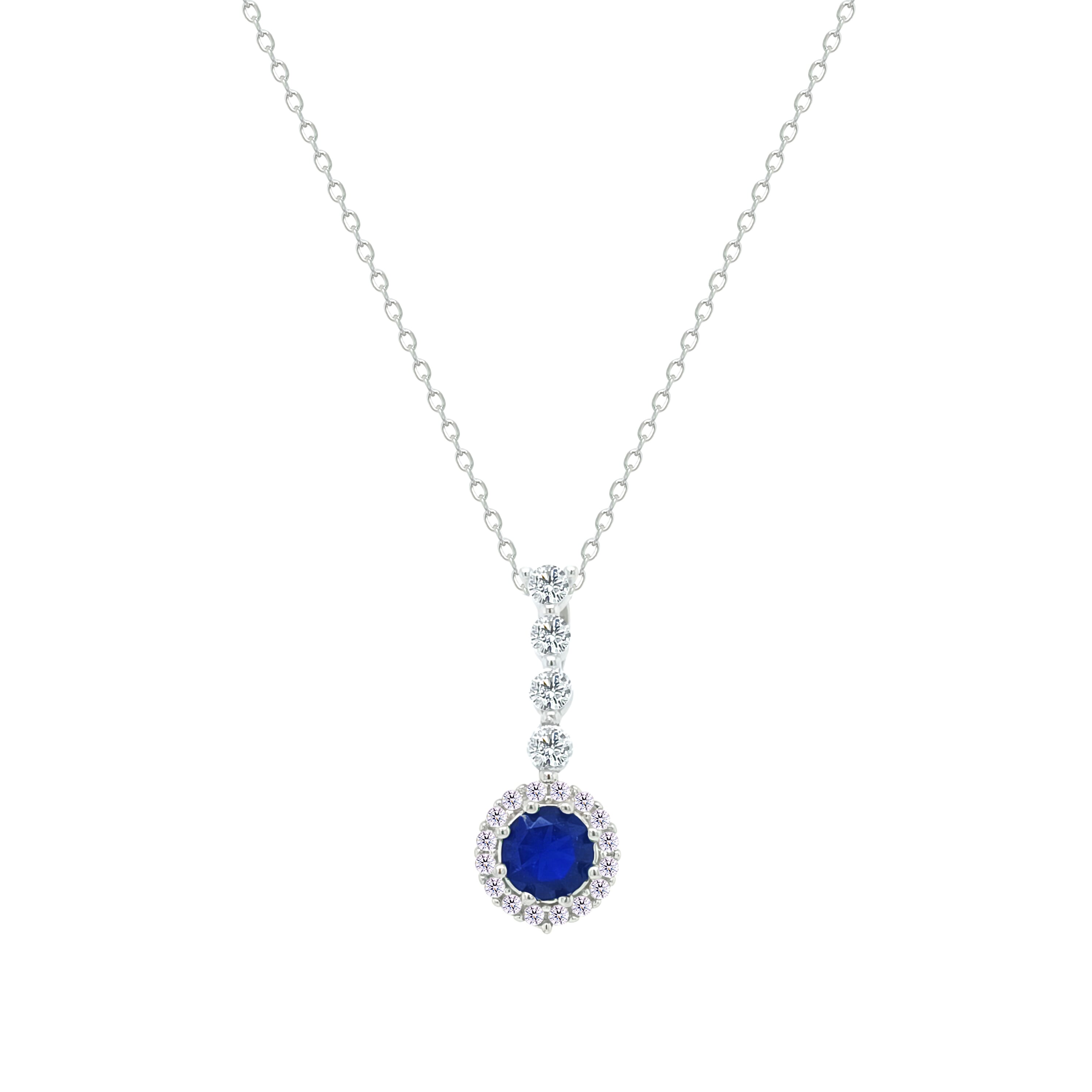 Asfour Crystal Chain Necklace With Halo Blue Round Zircon Pendant In 925 Sterling Silver-NM0105-B