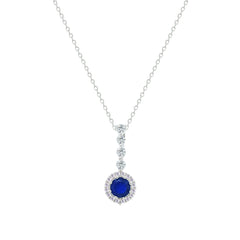 Asfour Crystal Chain Necklace With Halo Blue Round Zircon Pendant In 925 Sterling Silver-NM0105-B