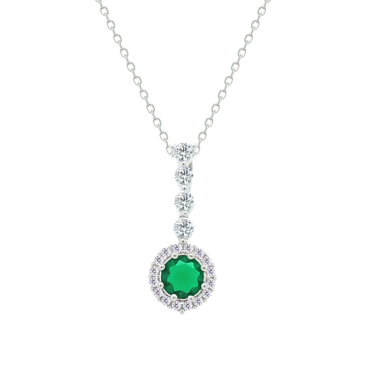 Asfour Crystal Chain Necklace With Halo Emerald Round Zircon Pendant In 925 Sterling Silver-NM0105-G