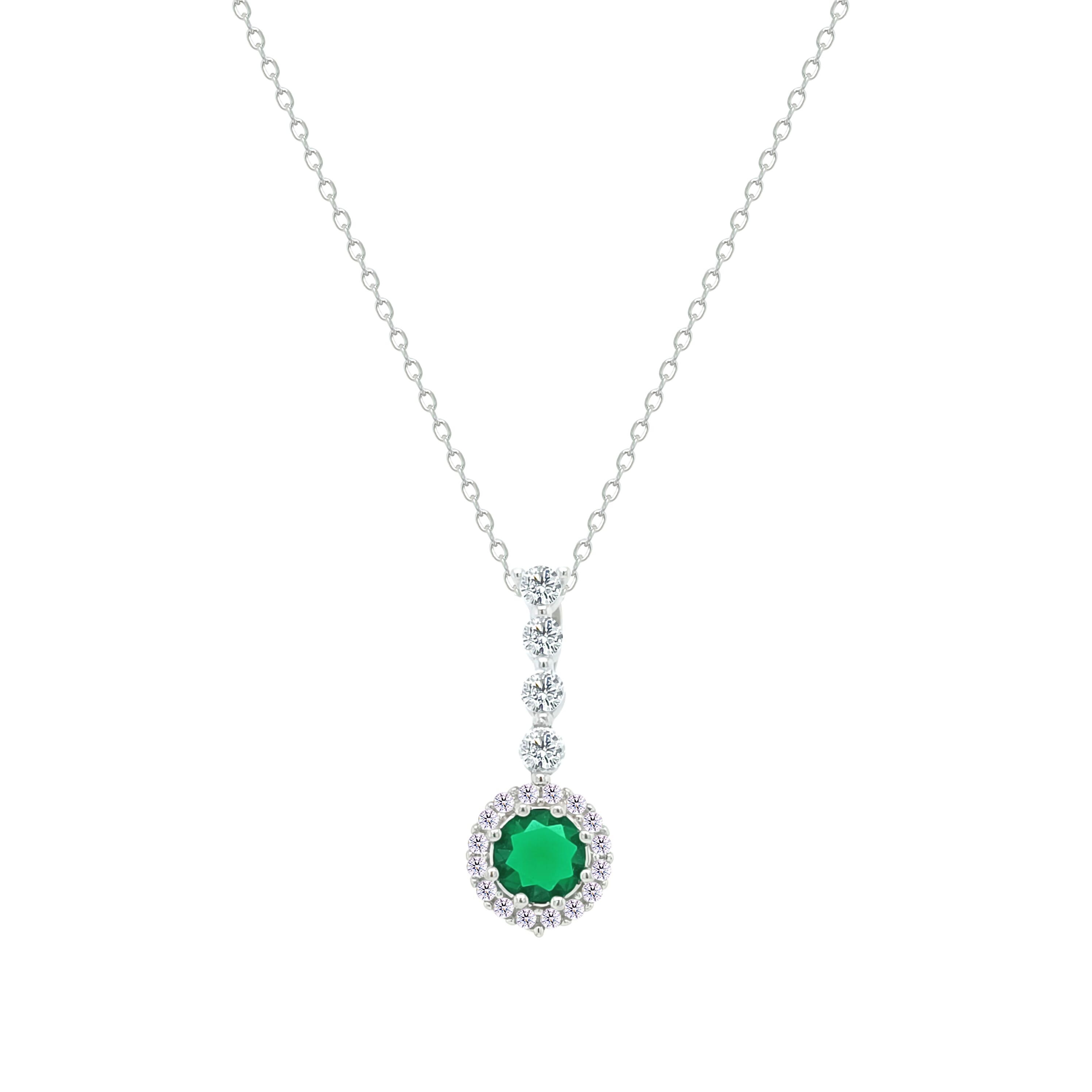 Asfour Crystal Chain Necklace With Halo Emerald Round Zircon Pendant In 925 Sterling Silver-NM0105-G