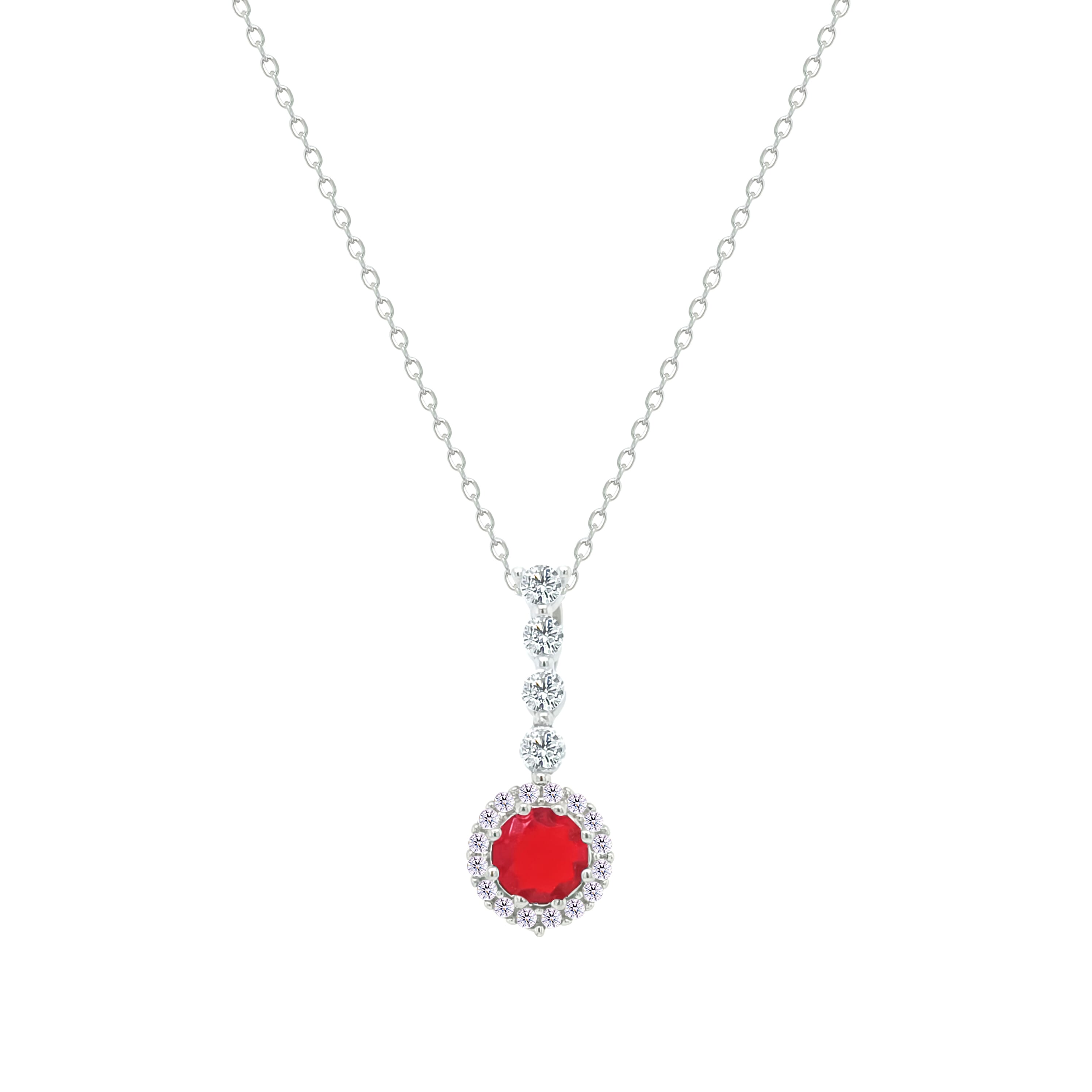 Asfour Crystal Chain Necklace With Halo Ruby Round Zircon Pendant In 925 Sterling Silver-NM0105-R