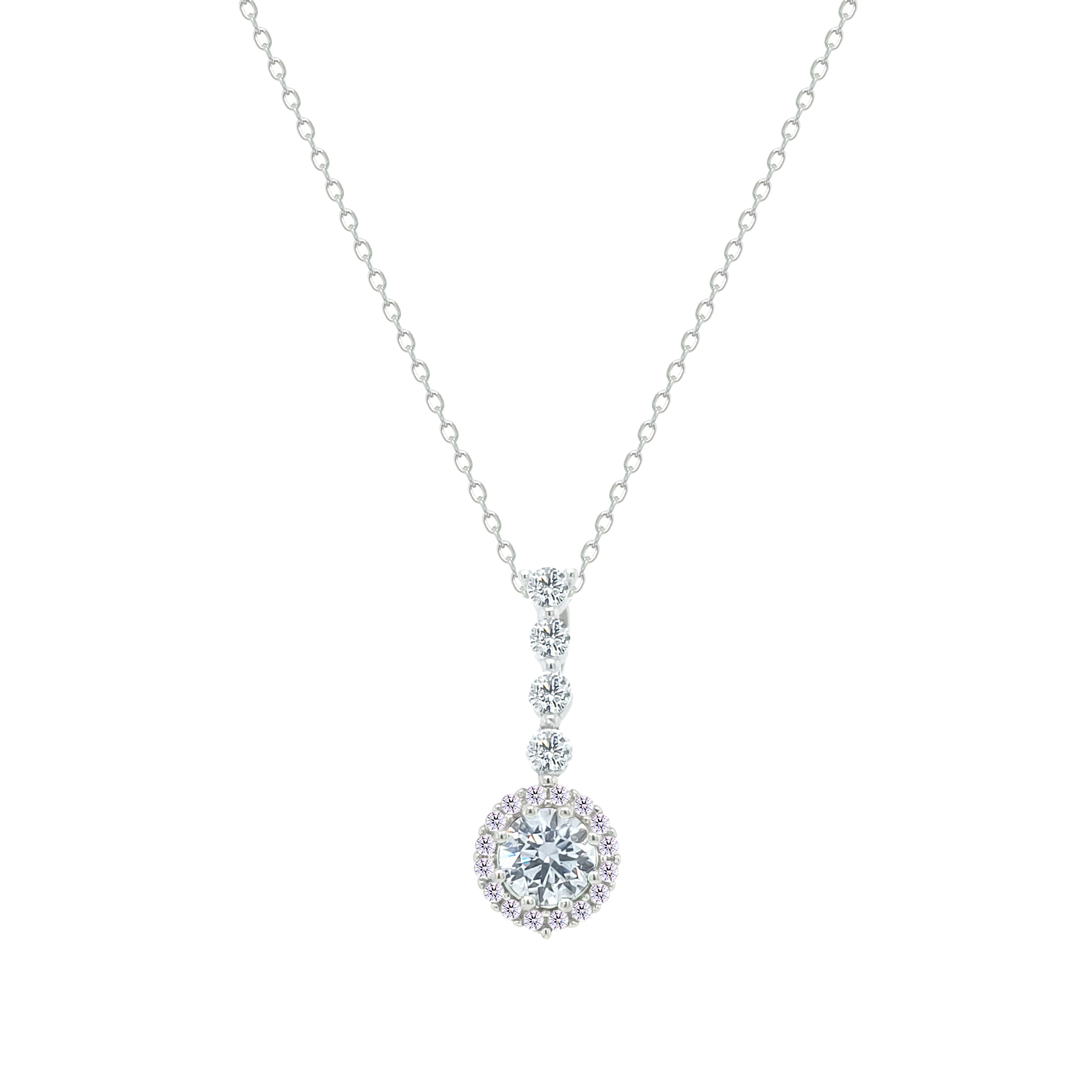 Asfour Crystal Chain Necklace With Halo Round Zircon Pendant In 925 Sterling Silver-NM0105