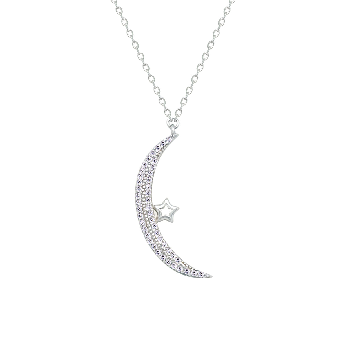 Asfour Crystal Chain Necklace With Crescent & Star Design In 925 Sterling Silver-NM0107