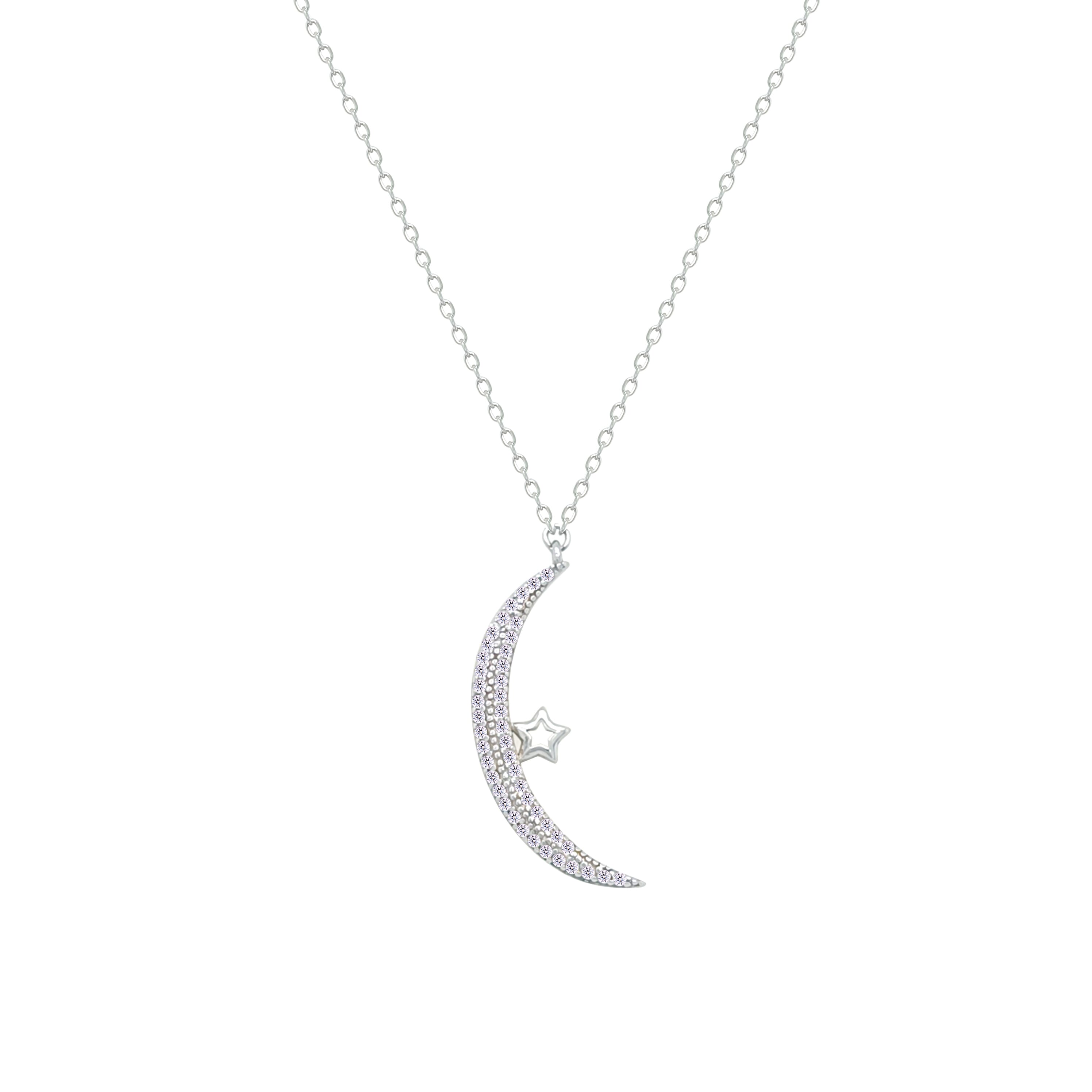 Asfour Crystal Chain Necklace With Crescent & Star Design In 925 Sterling Silver-NM0107