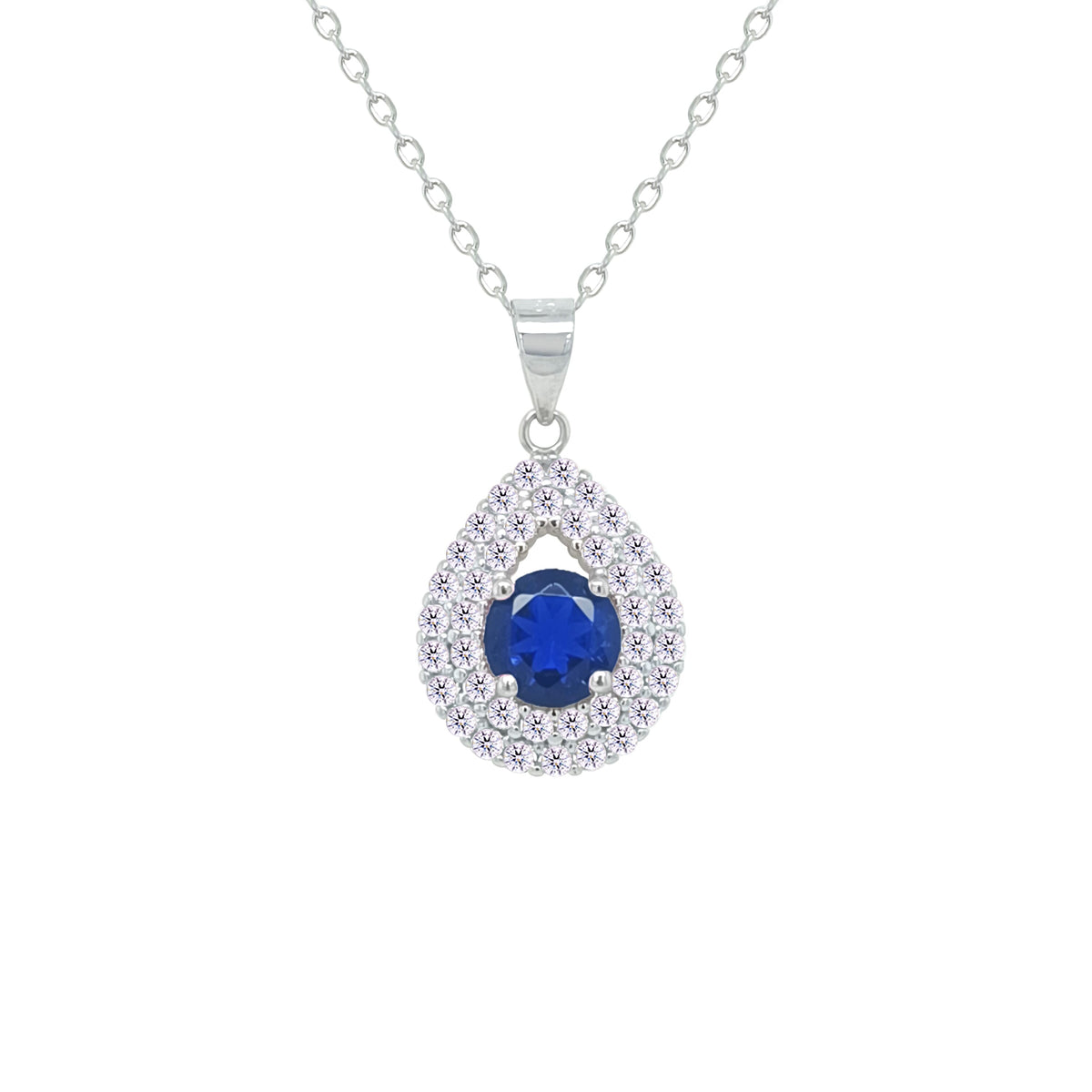 Asfour Crystal Chain Necklace With Halo Blue Pear Pendant In 925 Sterling Sliver-NM0109-WB