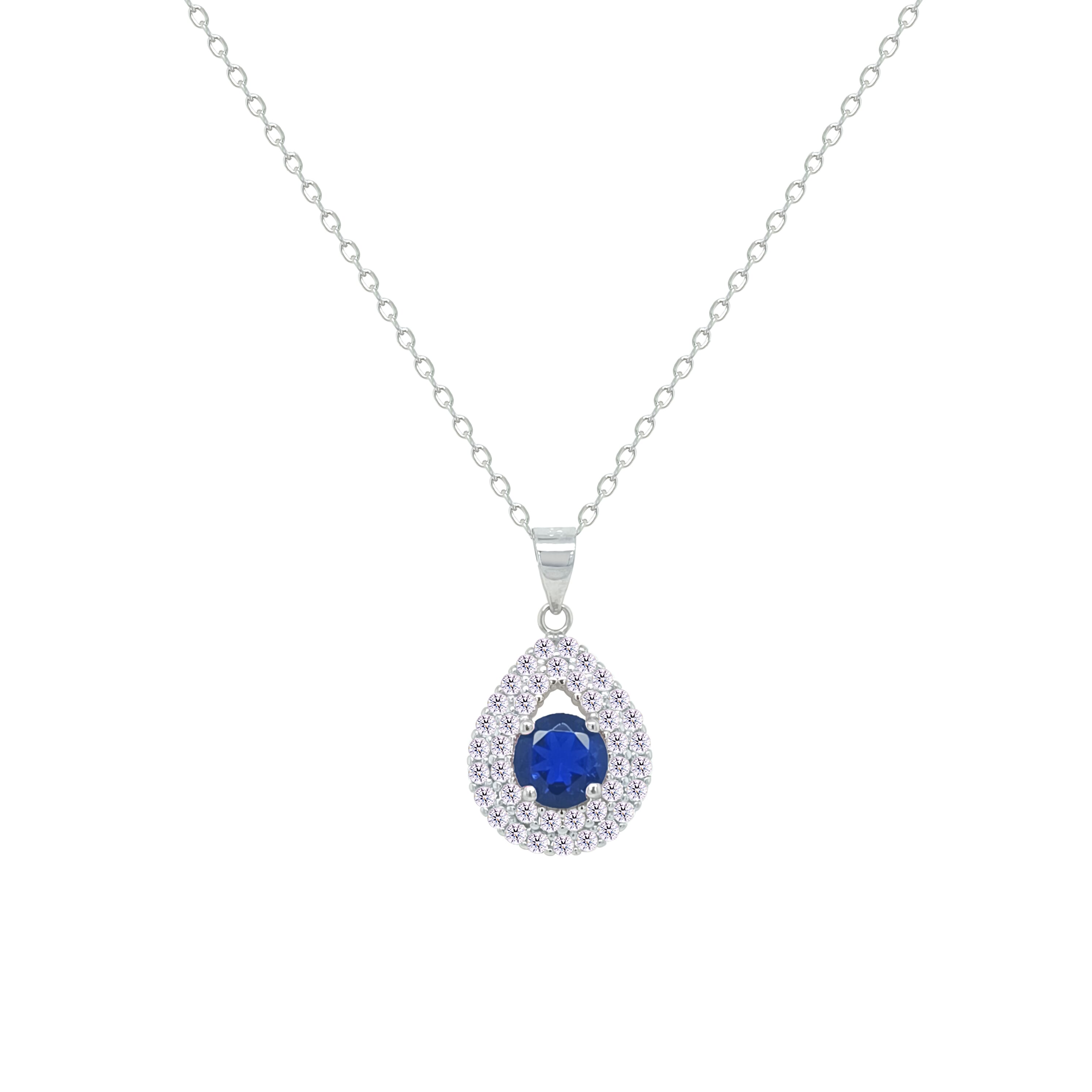 Asfour Crystal Chain Necklace With Halo Blue Pear Pendant In 925 Sterling Sliver-NM0109-WB