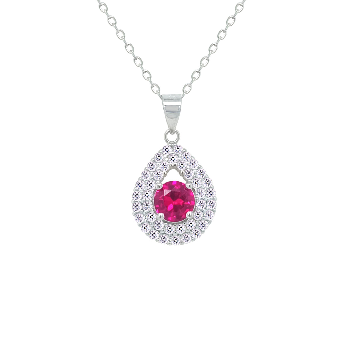 Asfour Crystal Chain Necklace With Halo Ruby Pear Pendant In 925 Sterling Sliver-NM0109-WR