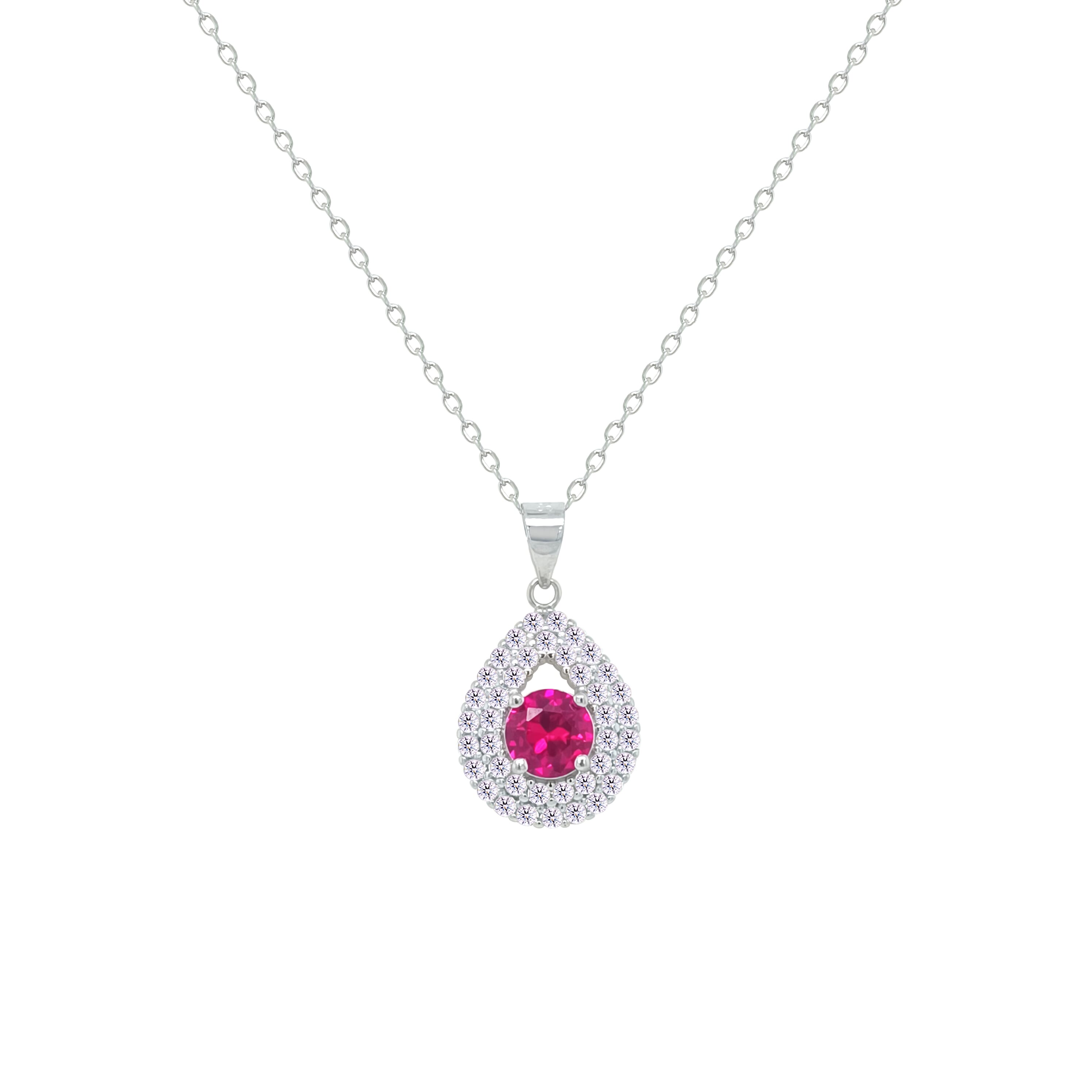 Asfour Crystal Chain Necklace With Halo Ruby Pear Pendant In 925 Sterling Sliver-NM0109-WR