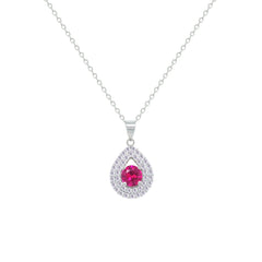 Asfour Crystal Chain Necklace With Halo Ruby Pear Pendant In 925 Sterling Sliver-NM0109-WR