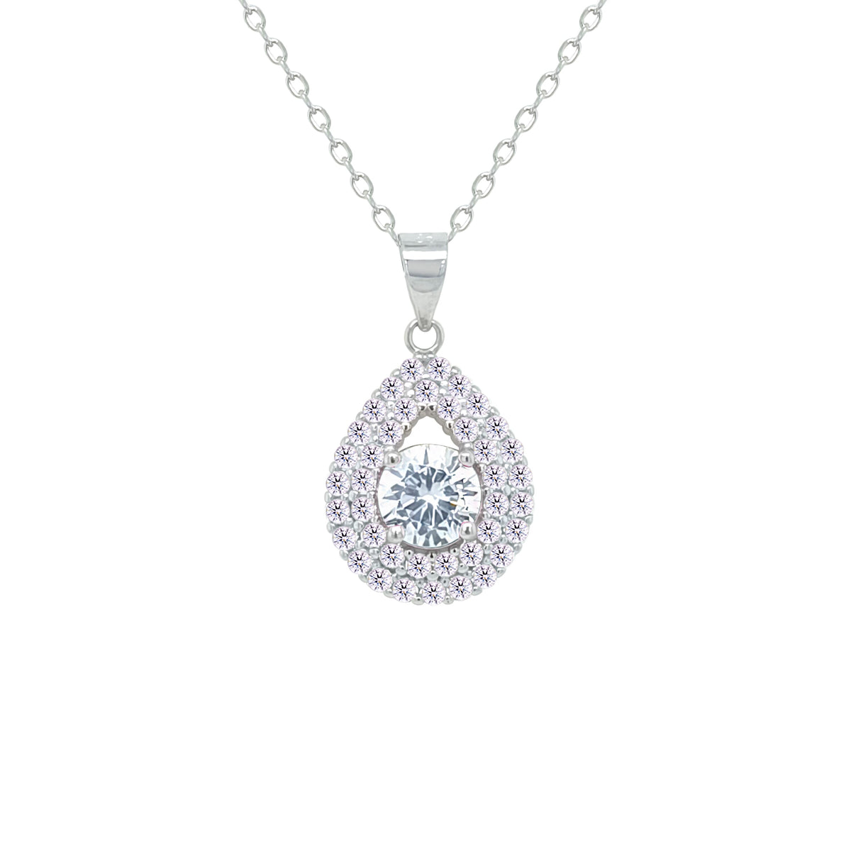 Asfour Crystal Chain Necklace With Halo Pear Pendant In 925 Sterling Sliver-NM0109