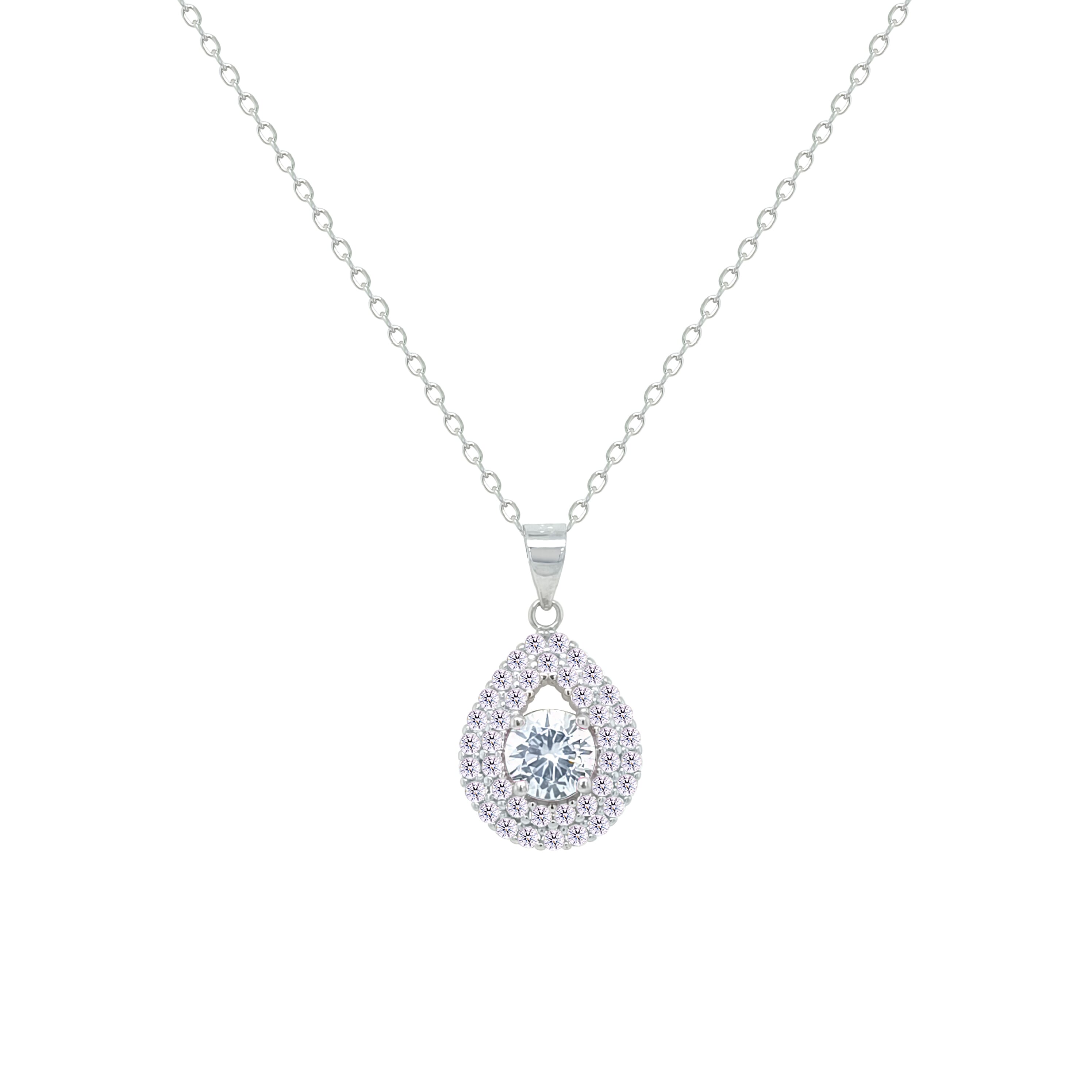 Asfour Crystal Chain Necklace With Halo Pear Pendant In 925 Sterling Sliver-NM0109