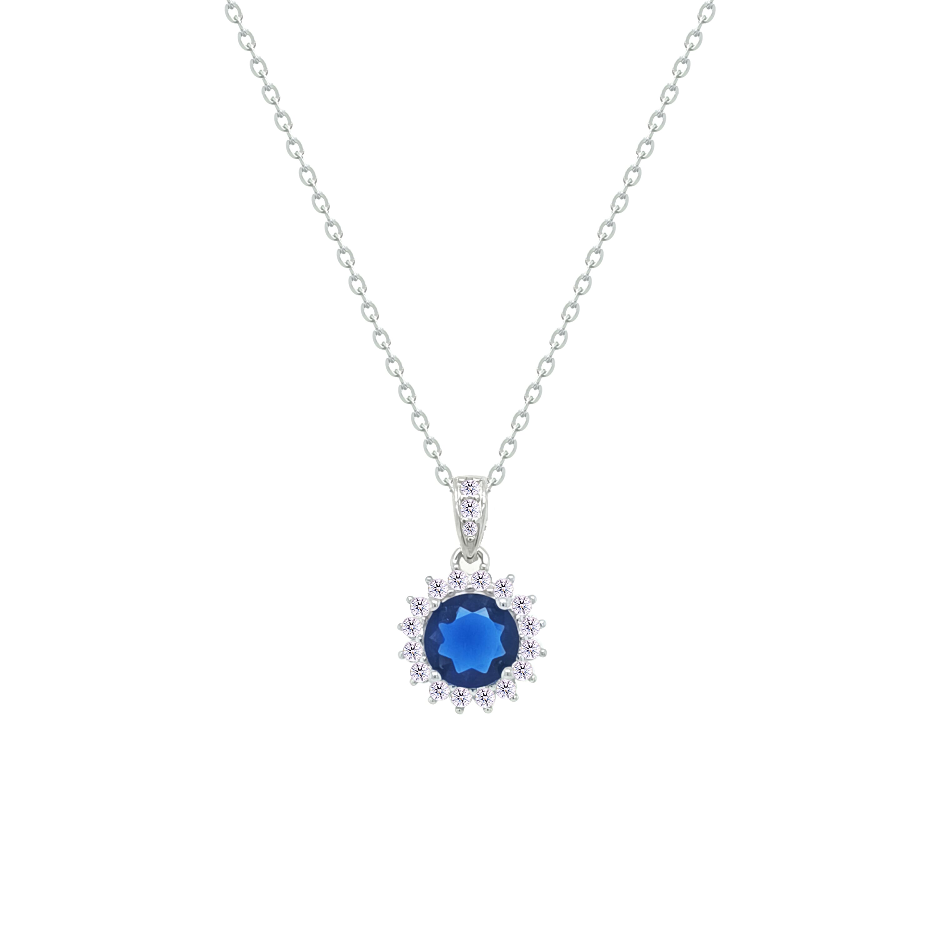 Asfour Crystal Chain Necklace With Halo Blue Round Pendant In 925 Sterling Sliver-NM0110-B