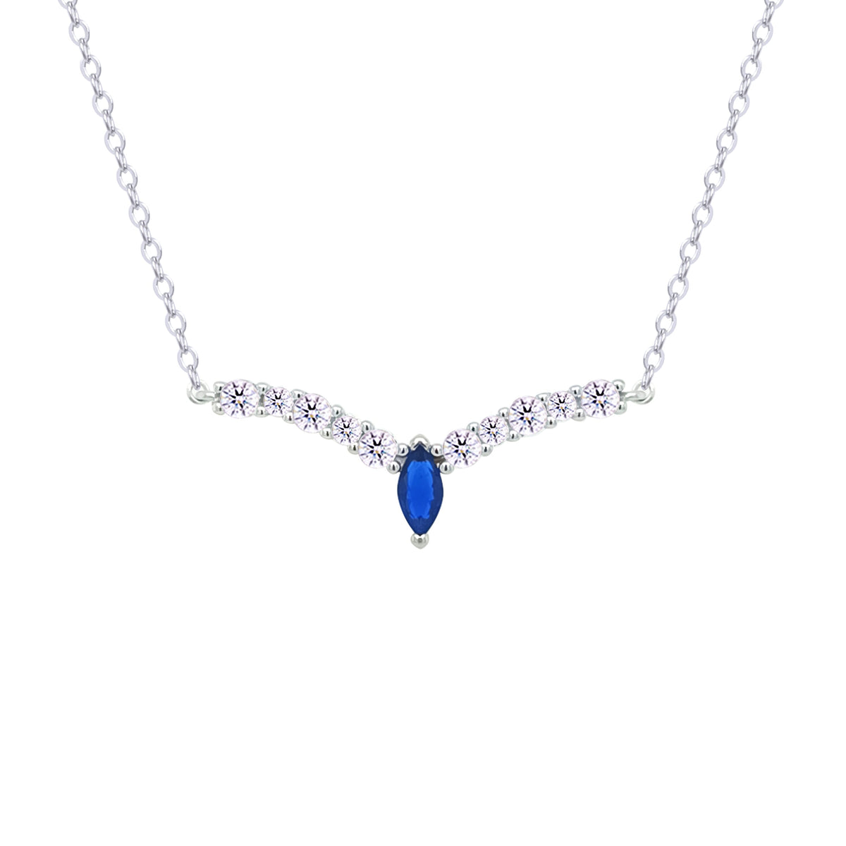 Asfour Crystal Chain Necklace With Blue V Design Inlaid With Zircon In 925 Sterling Silver-NM0111-WB