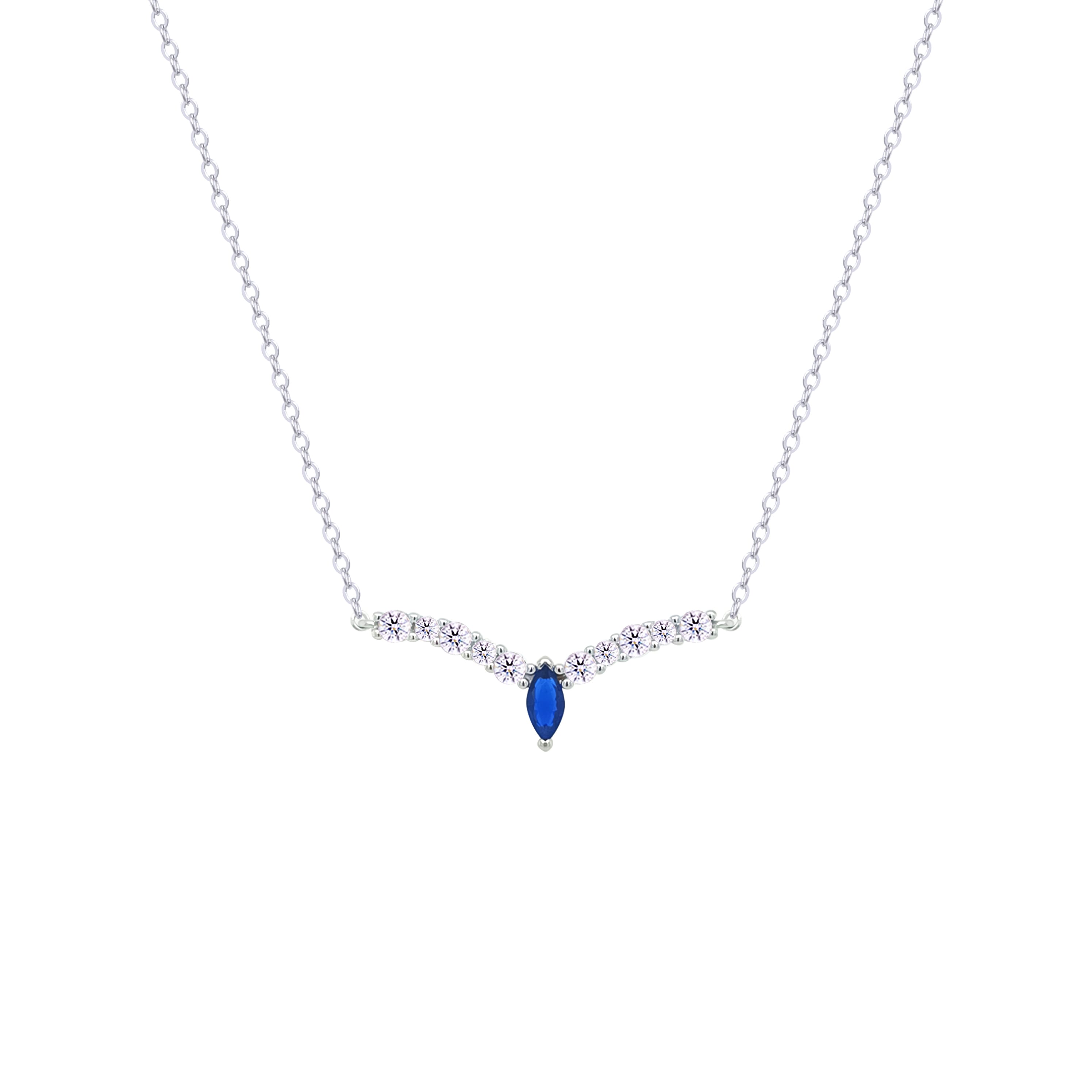 Asfour Crystal Chain Necklace With Blue V Design Inlaid With Zircon In 925 Sterling Silver-NM0111-WB