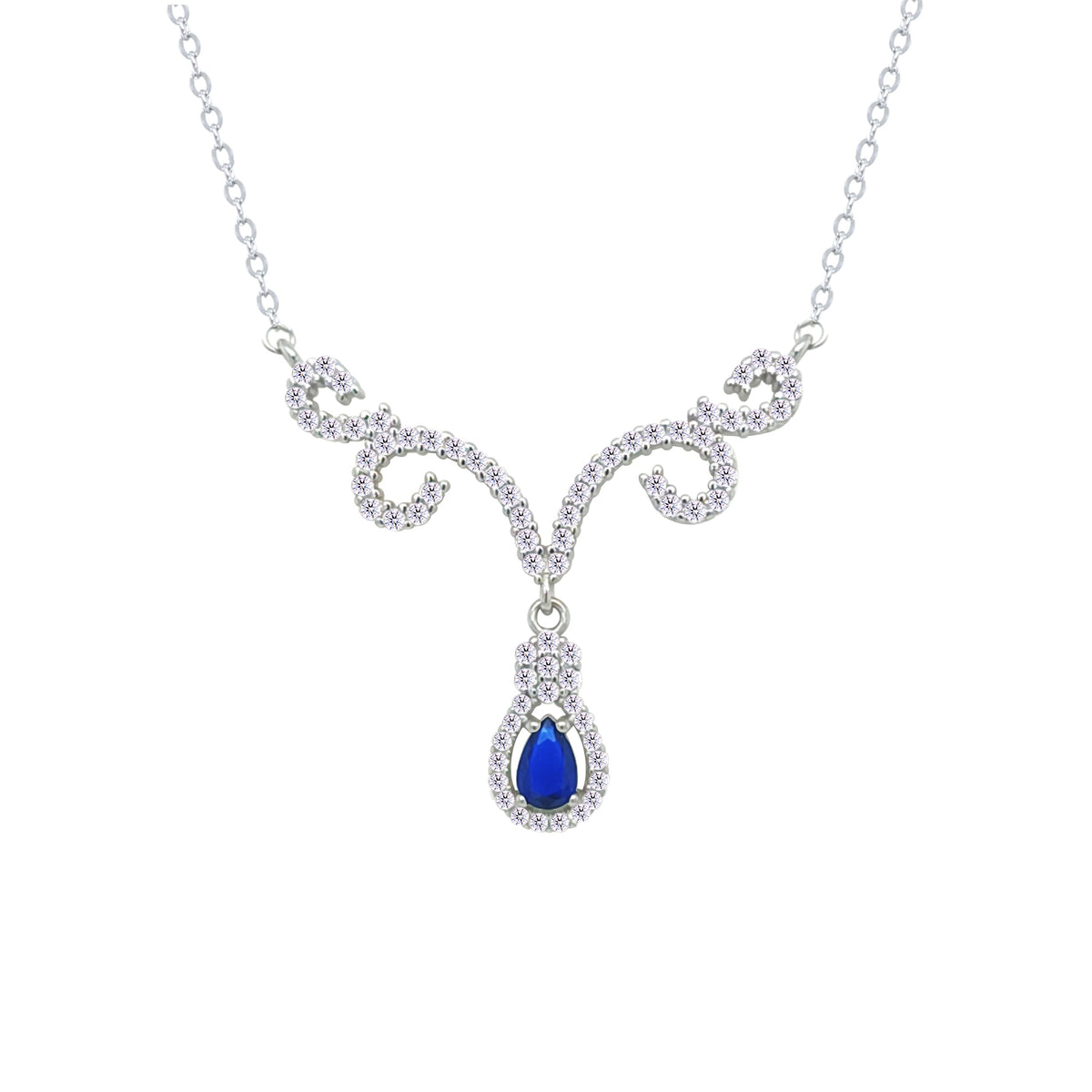 Asfour Crystal Chain Necklace With Blue Deer Antlers Design In 925 Sterling Silver-NM0112-WB