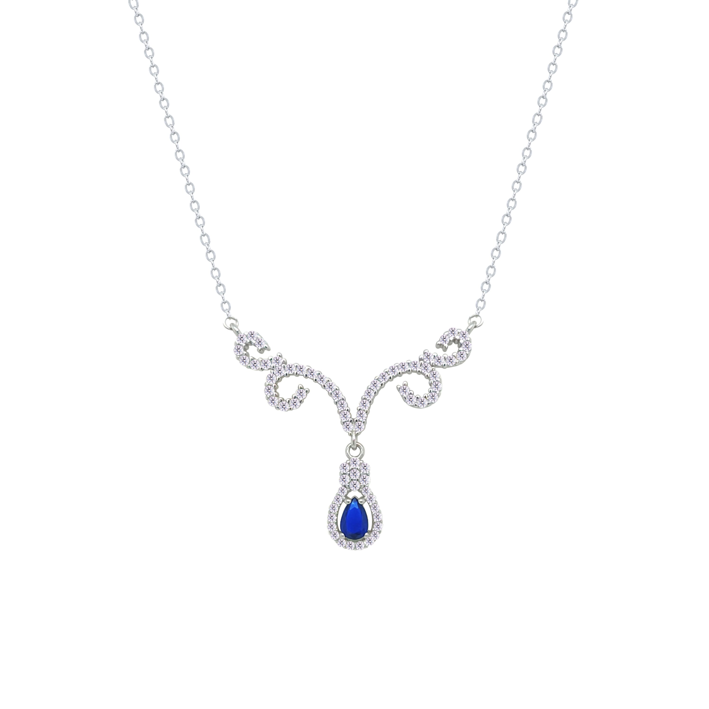 Asfour Crystal Chain Necklace With Blue Deer Antlers Design In 925 Sterling Silver-NM0112-WB