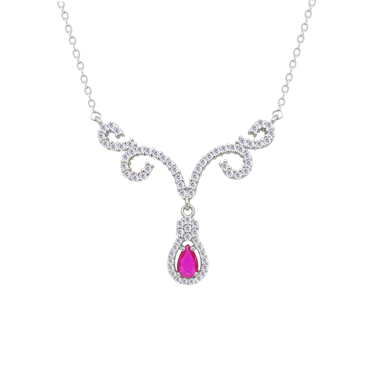 Asfour Crystal Chain Necklace With Fuchsia Deer Antlers Design In 925 Sterling Silver-NM0112-WF