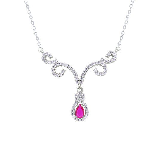 Asfour Crystal Chain Necklace With Fuchsia Deer Antlers Design In 925 Sterling Silver-NM0112-WF