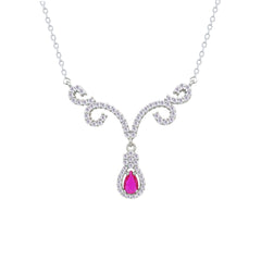 Asfour Crystal Chain Necklace With Fuchsia Deer Antlers Design In 925 Sterling Silver-NM0112-WF