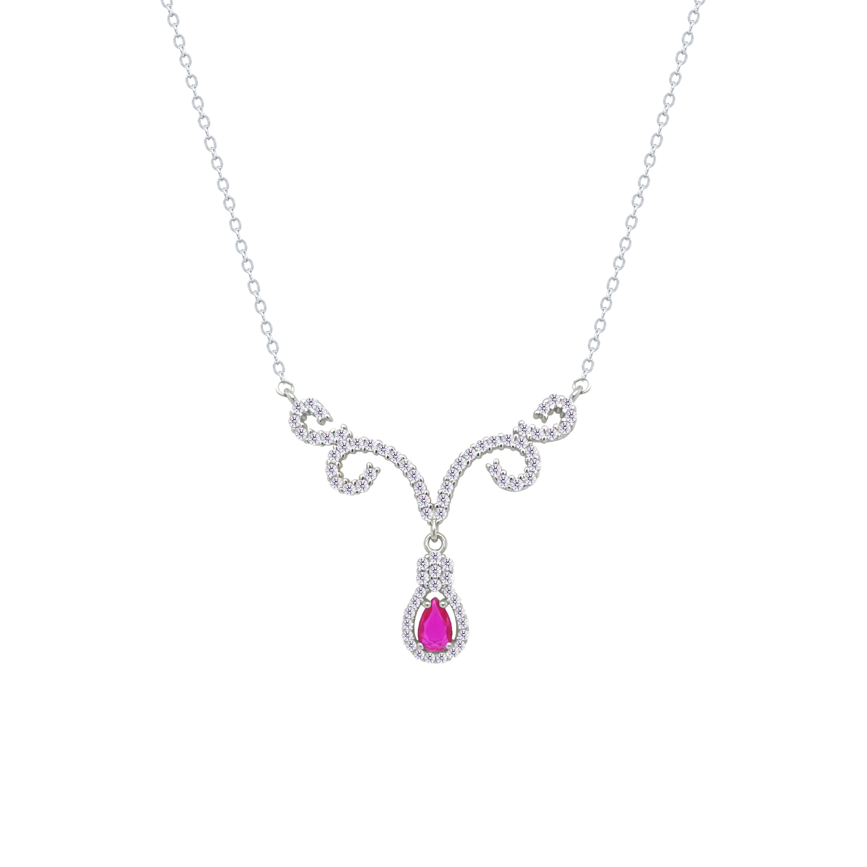 Asfour Crystal Chain Necklace With Fuchsia Deer Antlers Design In 925 Sterling Silver-NM0112-WF