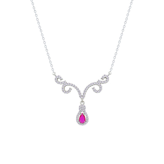 Asfour Crystal Chain Necklace With Fuchsia Deer Antlers Design In 925 Sterling Silver-NM0112-WF