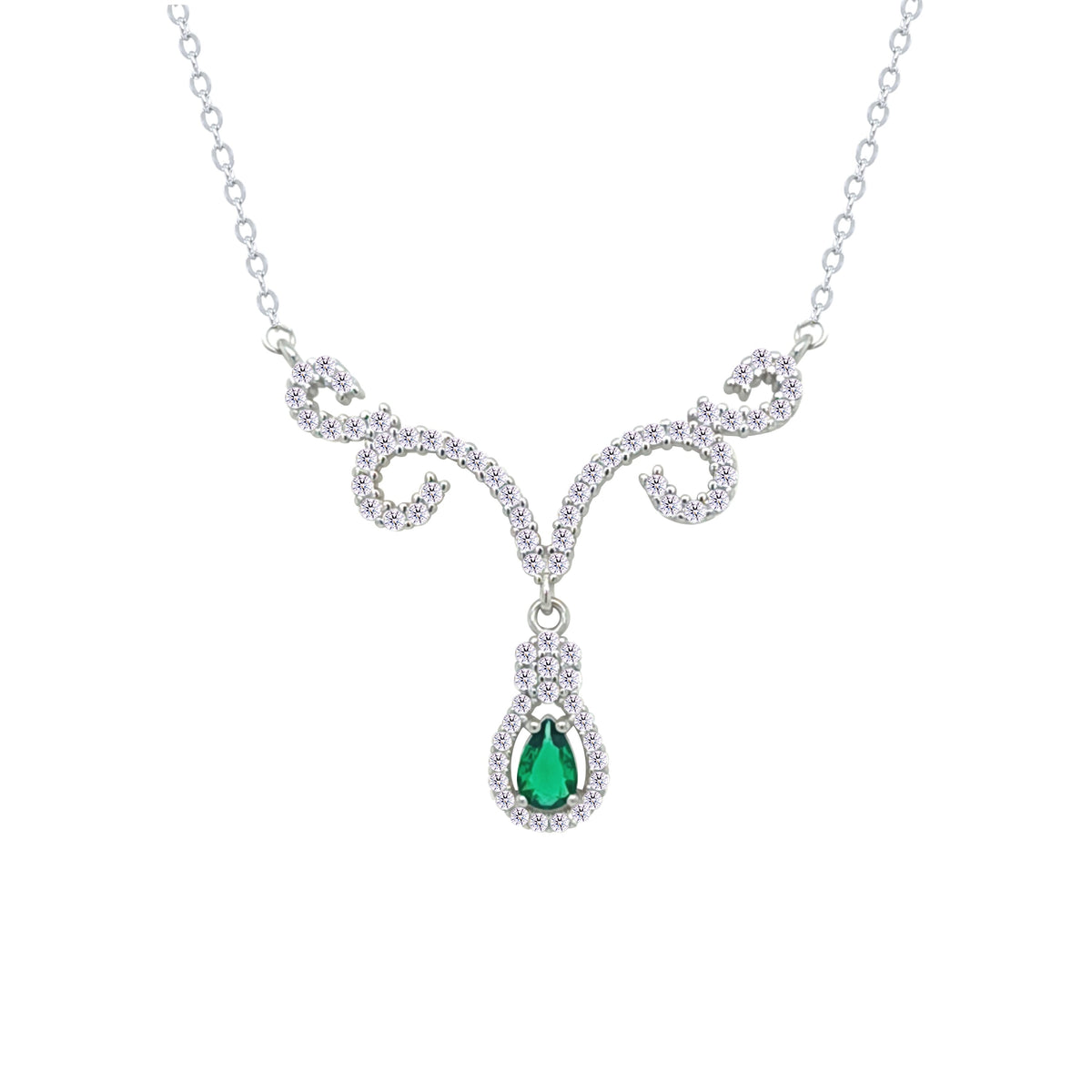 Asfour Crystal Chain Necklace With Emerald Deer Antlers Design In 925 Sterling Silver-NM0112-WG