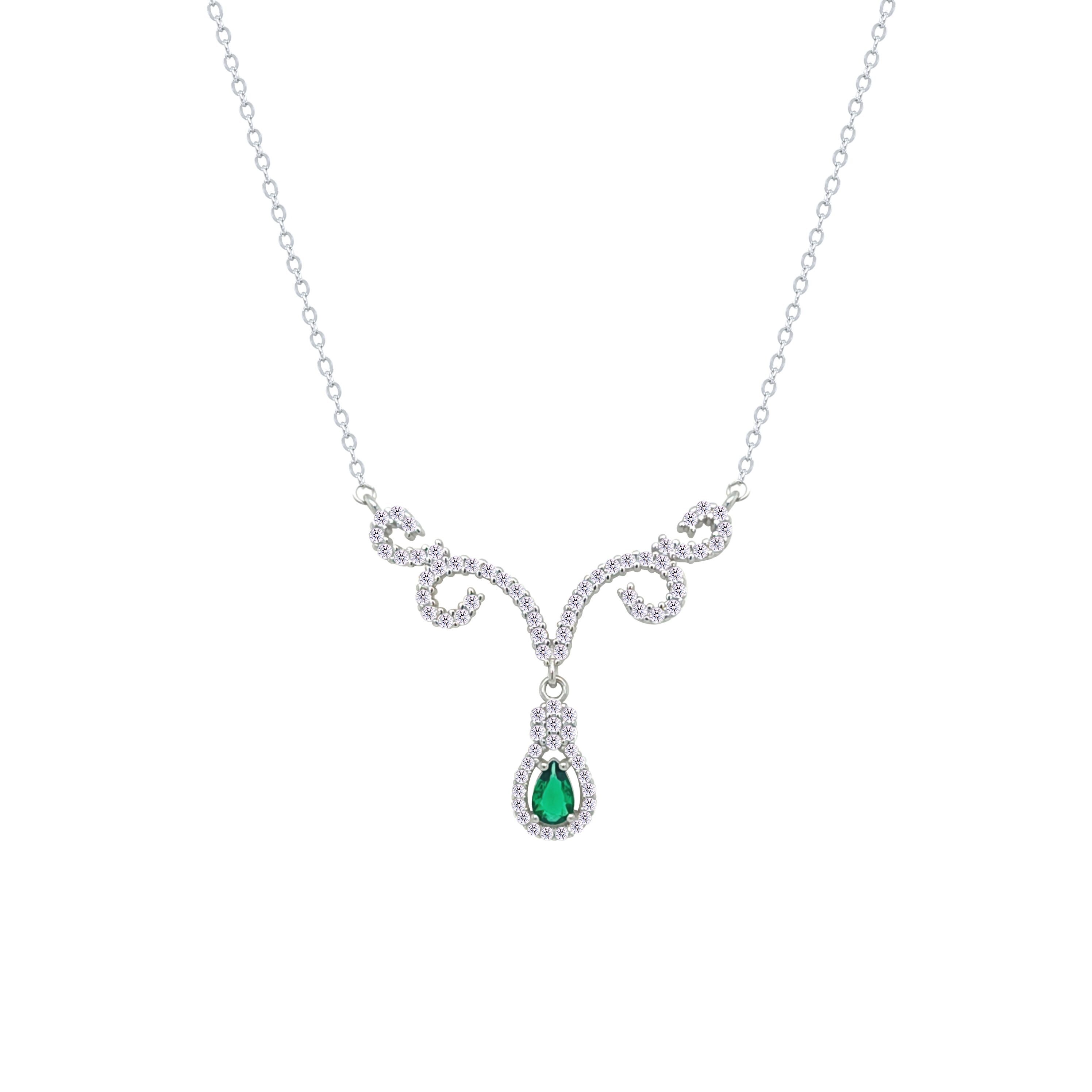 Asfour Crystal Chain Necklace With Emerald Deer Antlers Design In 925 Sterling Silver-NM0112-WG