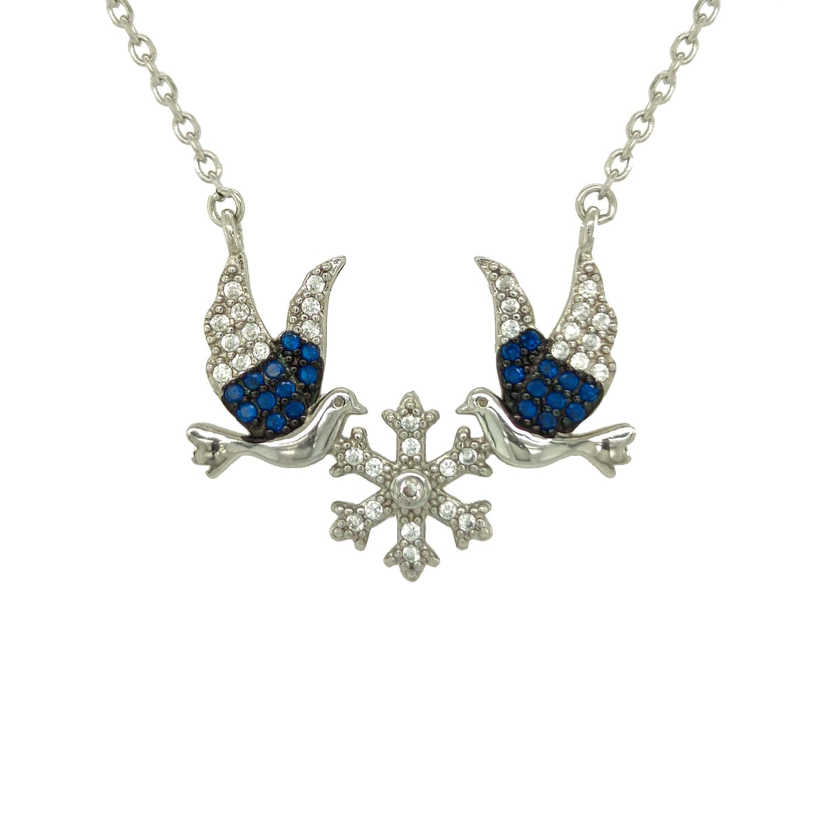 Asfour Crystal Chain Necklace With Two Birds & Snowflake Pendant In 925 Sterling Silver-NR0248-B