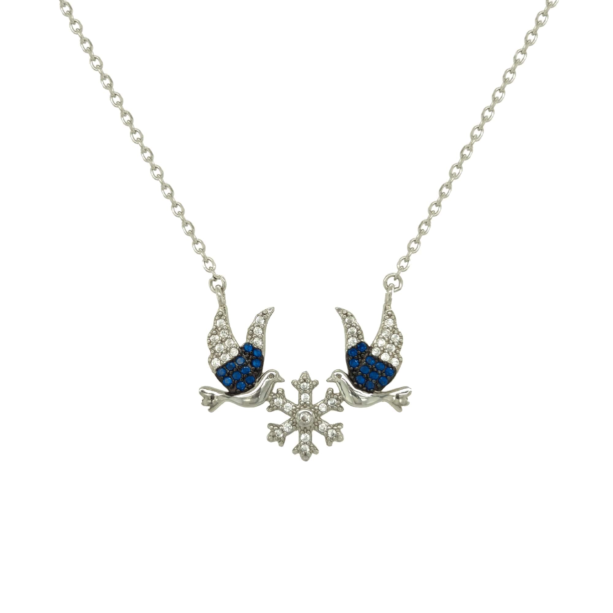 Asfour Crystal Chain Necklace With Two Birds & Snowflake Pendant In 925 Sterling Silver-NR0248-B