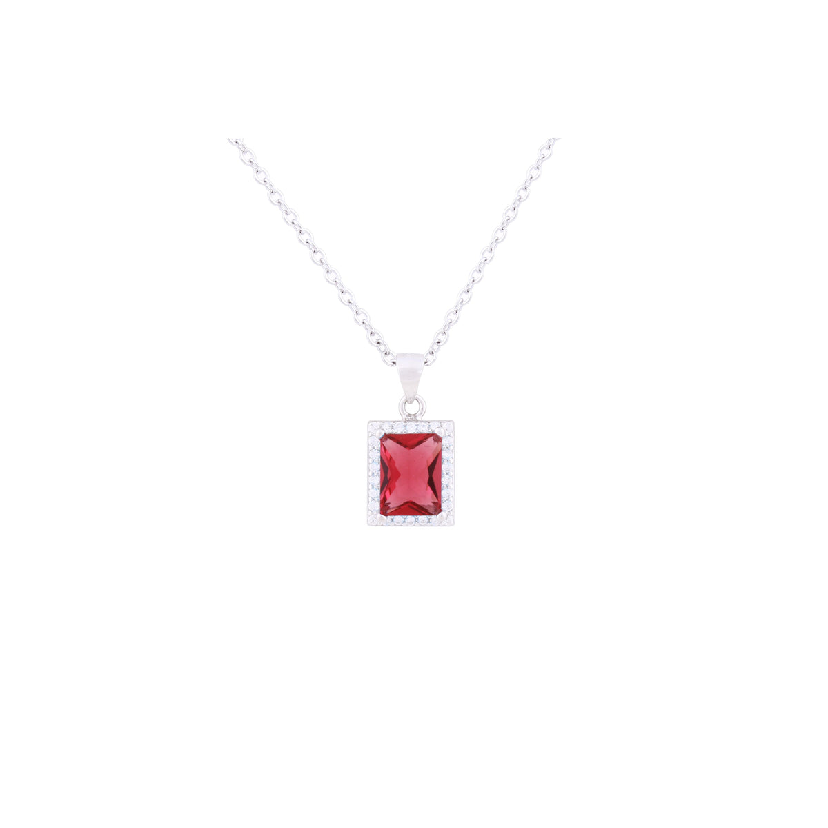 Asfour Crystal 925 Sterling Silver Chain Necklace With Red Stone